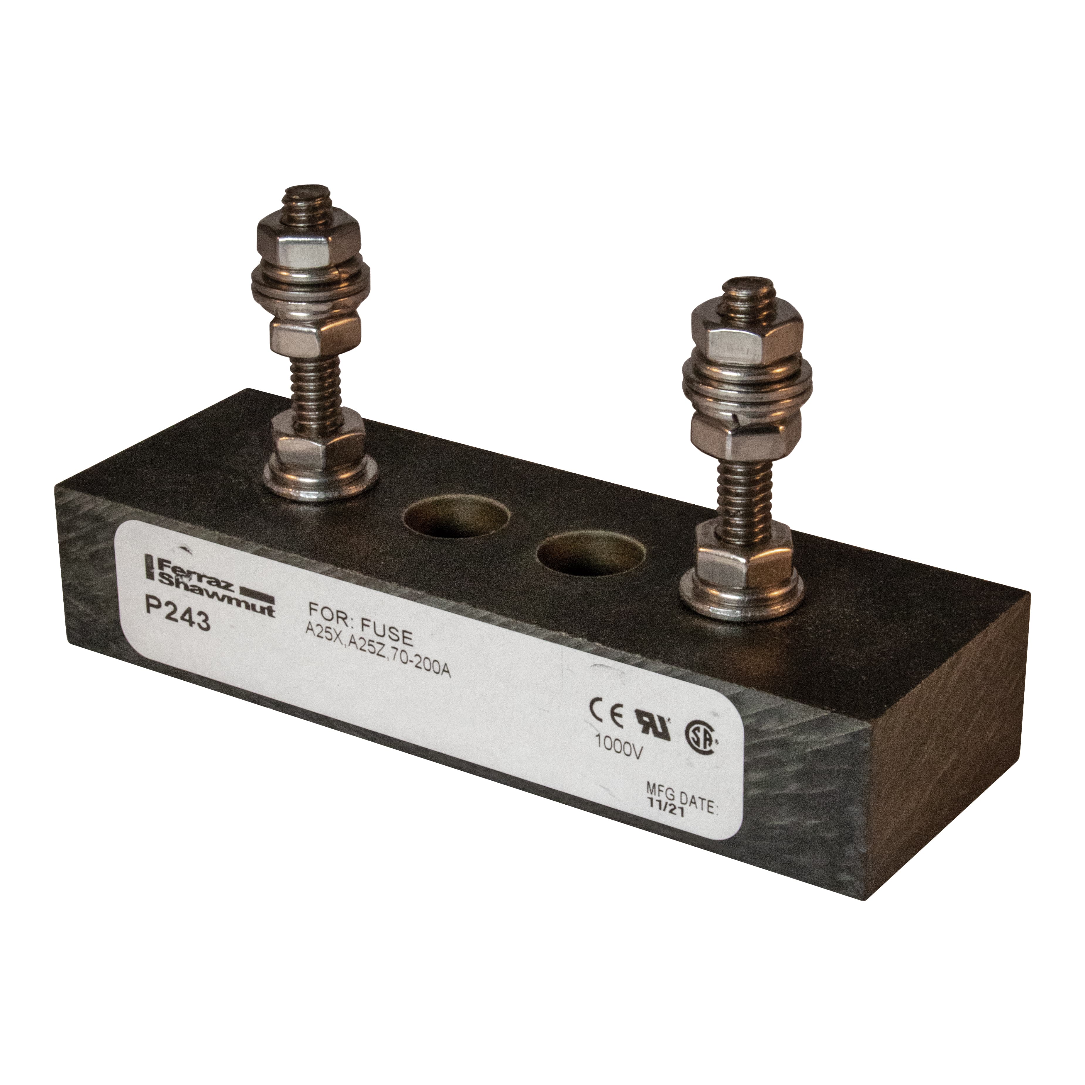 Mersen P243 P243 Mersen - Fuse Block 1000VAC 1000VDC 200A 1-Pole Stud center to center: 2.38 inch Mersen P243 P243 Mersen - Fuse Block 1000VAC 1000VDC 200A 1-Pole Stud center to center: 2.38 inch