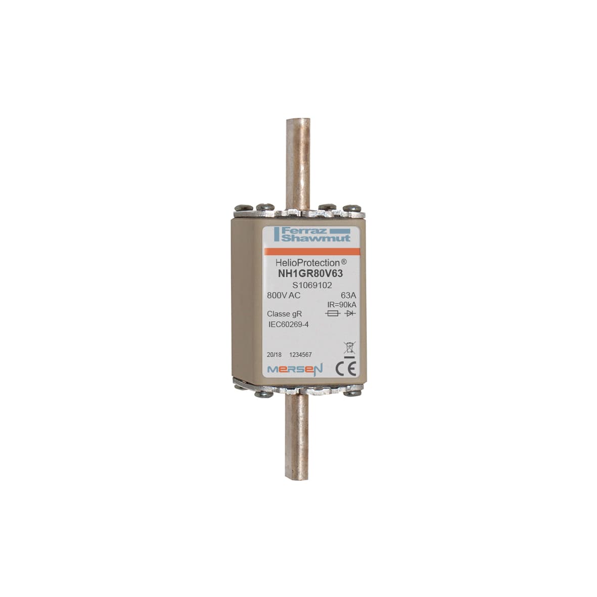 Mersen S1069102 S1069102 Mersen Photovoltaic fuse gR 800VAC IEC Size NH1 63A With Plain Blades For Clip Mersen S1069102 S1069102 Mersen Photovoltaic fuse gR 800VAC IEC Size NH1 63A With Plain Blades For Clip