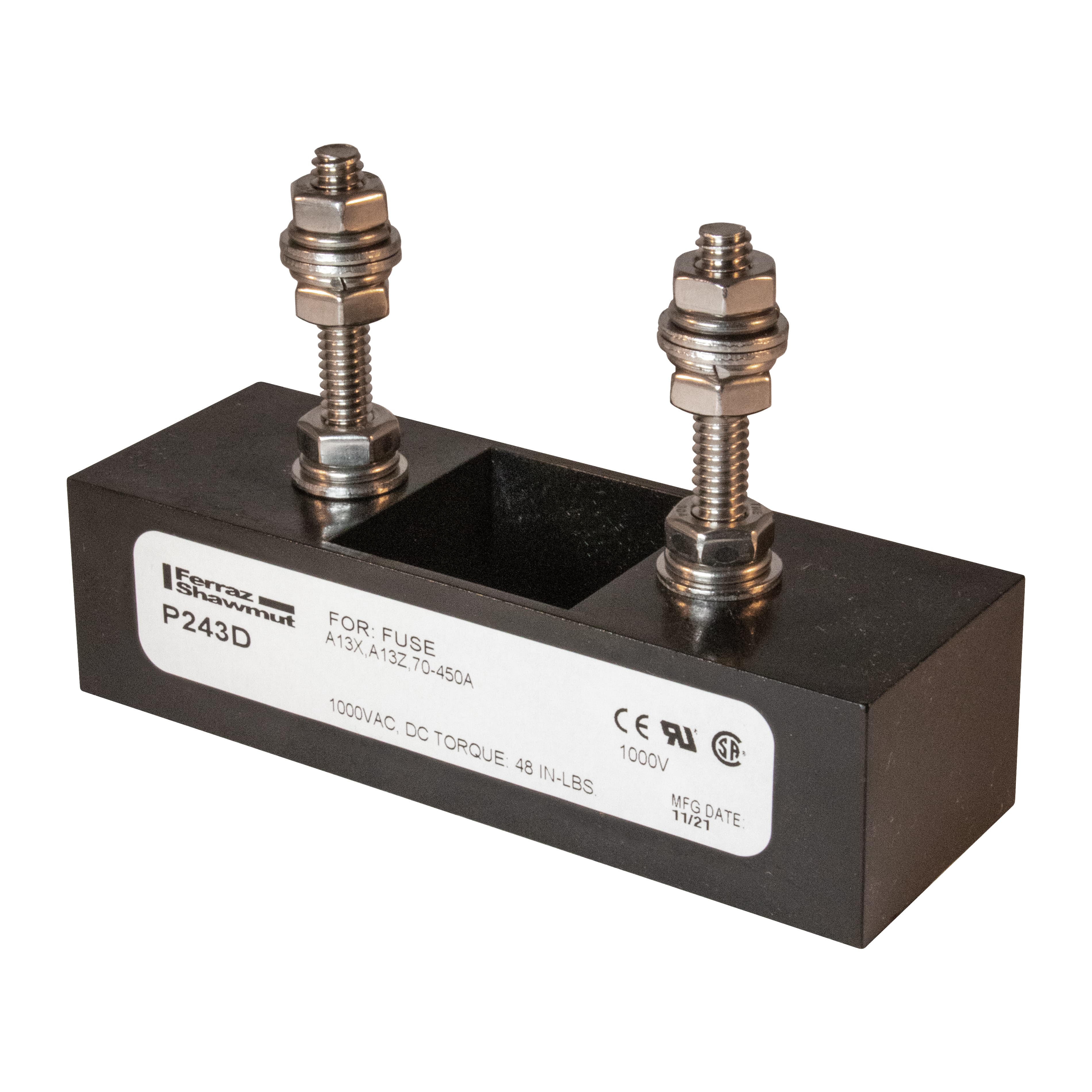 Mersen P243D P243D Mersen - Fuse Block 1000VAC 1000VDC 450A 1-Pole Stud center to center: 2.06 inch Mersen P243D P243D Mersen - Fuse Block 1000VAC 1000VDC 450A 1-Pole Stud center to center: 2.06 inch