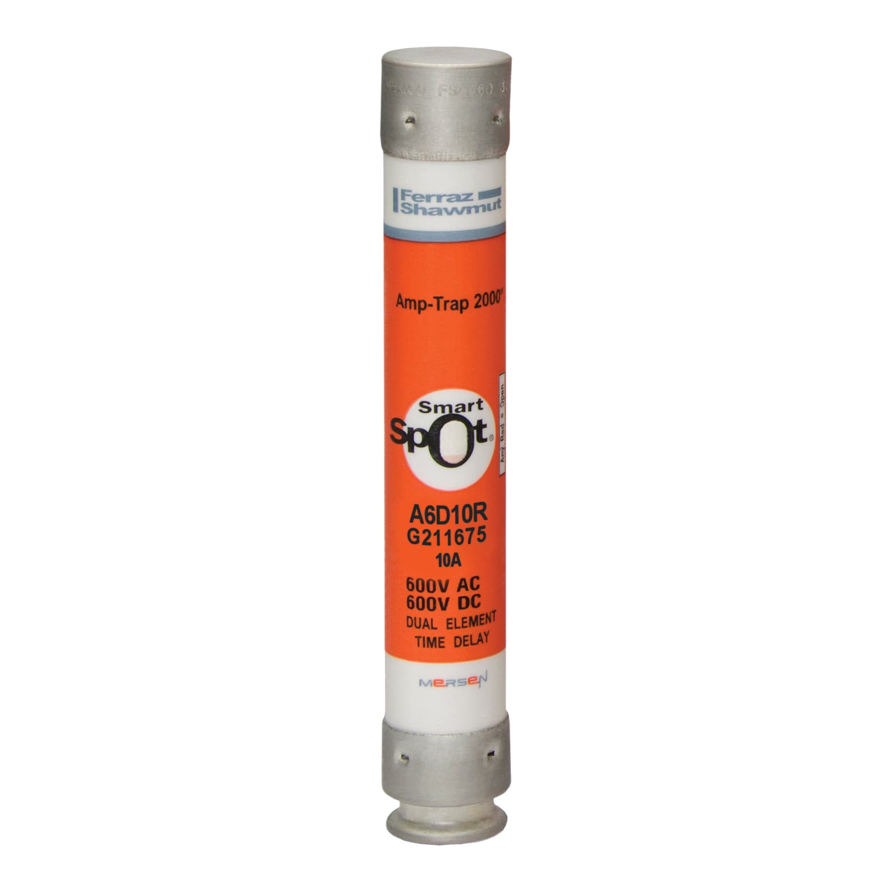 Mersen A6D10R A6D10R Mersen - Fuse A6D-R - Class RK1 - Time-Delay 600VAC 600VDC 10A Ferrule SmartSpot® Amp-Trap 2000® Mersen A6D10R A6D10R Mersen - Fuse A6D-R - Class RK1 - Time-Delay 600VAC 600VDC 10A Ferrule SmartSpot® Amp-Trap 2000®