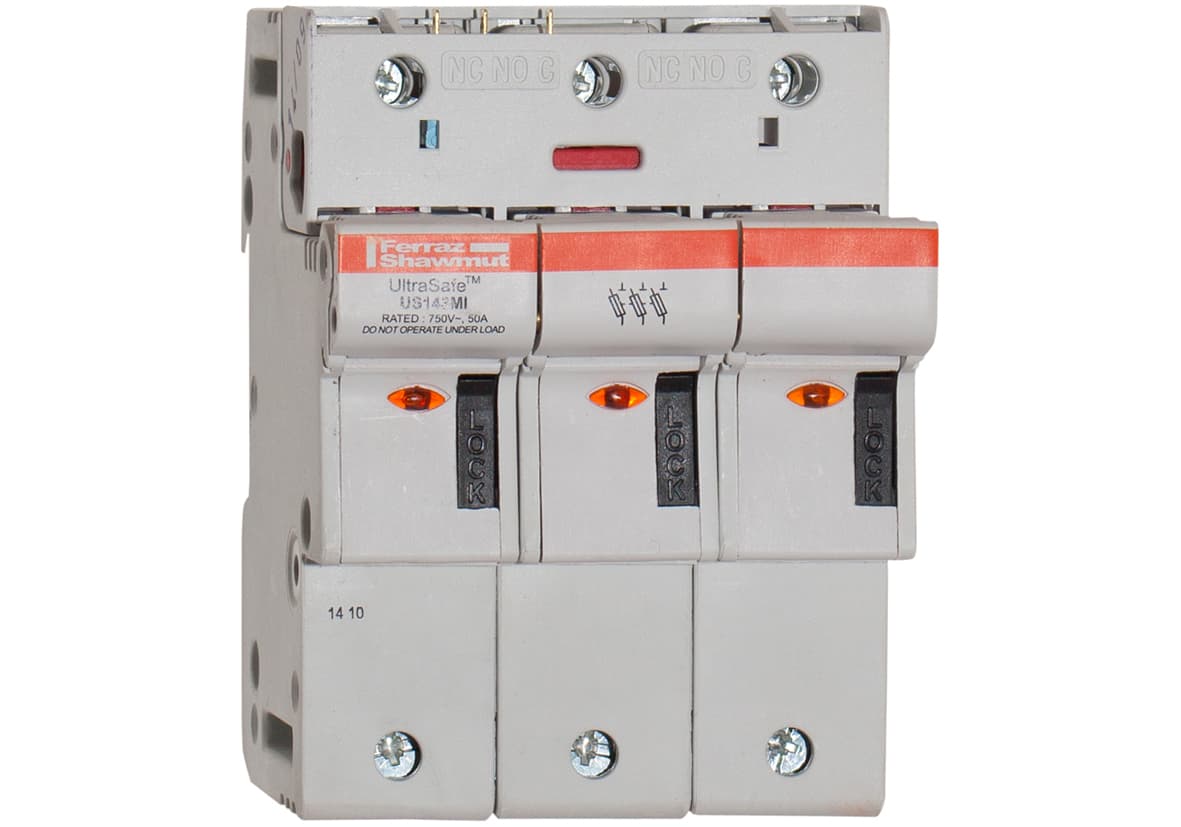 Mersen S331147 S331147 Mersen - Fuse Holder UltraSafe™ 800VAC 1000VDC UL Fuse size 14x51 3-Pole Visual Indicator Microswitch Pressure Plate IP20 Mersen S331147 S331147 Mersen - Fuse Holder UltraSafe™ 800VAC 1000VDC UL Fuse size 14x51 3-Pole Visual Indicator Microswitch Pressure Plate IP20