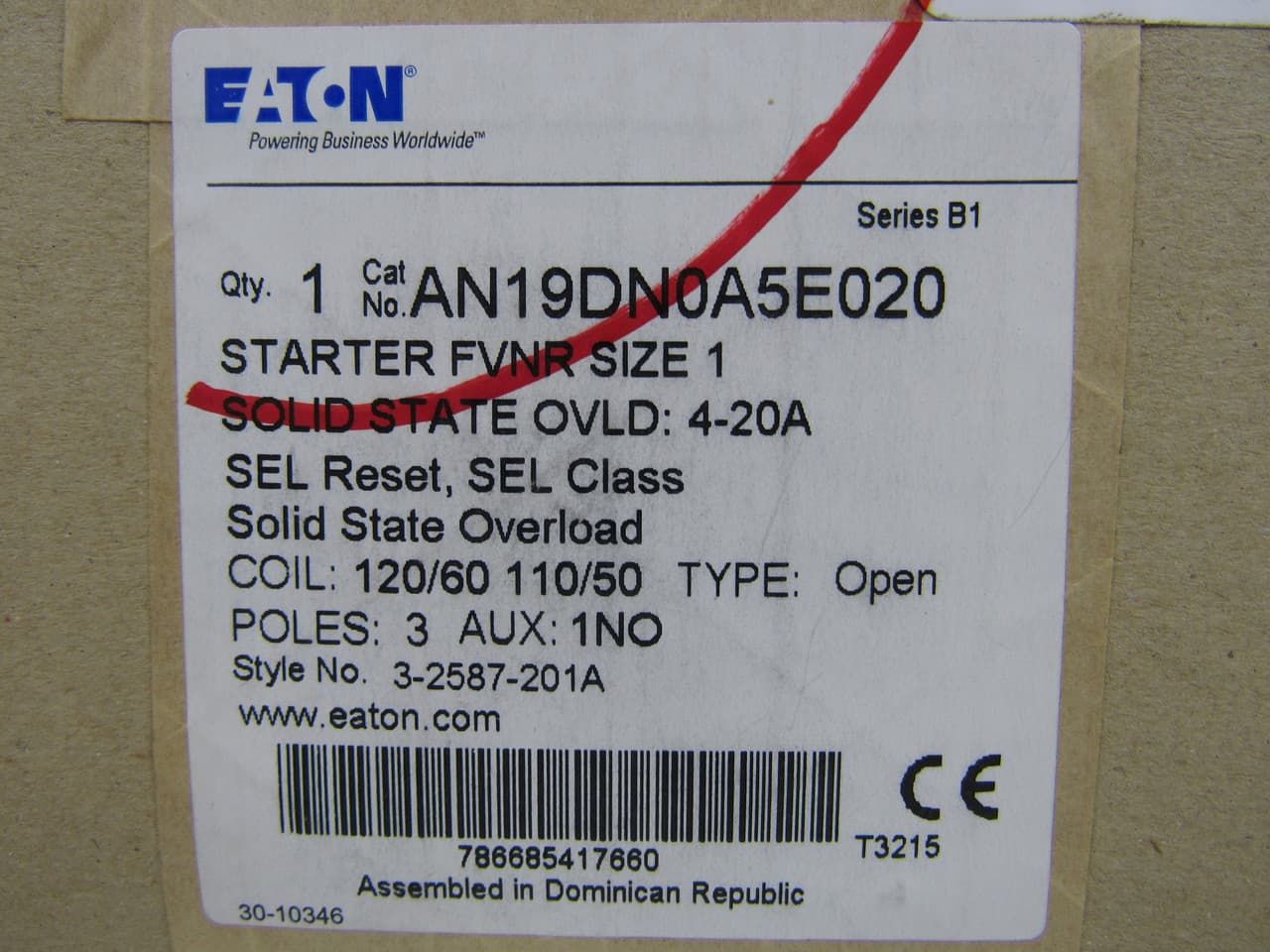 Eaton AN19DN0A5E020 AN19DN0A5E020 Eaton - Eaton Freedom NEMA motor control starter,NEMA Non-reversing Freedom Series starter,With C440 EOLR Std Feature set,SEL Reset,SEL Class (10A,10,20,30),120V/60 Hz or 110V/50 Hz coil voltage,Horizontal mount,27A,4-20A fla range,Size 1 Eaton AN19DN0A5E020 AN19DN0A5E020 Eaton - Eaton Freedom NEMA motor control starter,NEMA Non-reversing Freedom Series starter,With C440 EOLR Std Feature set,SEL Reset,SEL Class (10A,10,20,30),120V/60 Hz or 110V/50 Hz coil voltage,Horizontal mount,27A,4-20A fla range,Size 1