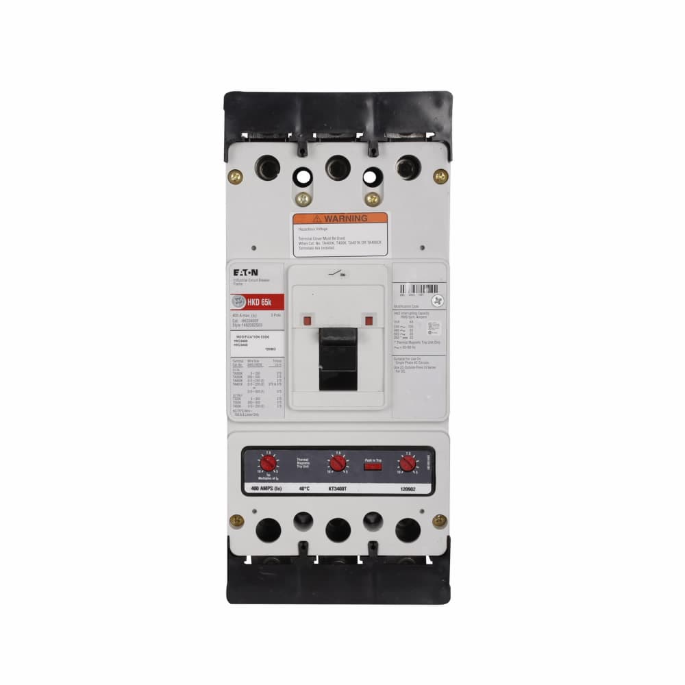 Eaton HKD3350WS09 Eaton Series C complete molded case circuit breaker, K-frame, HKD, Fixed thermal and magnetic trips, Three-pole, 350A, 600 Vac, 250 Vdc, 100 kAIC at 240 Vac, 65 kAIC at 480 Vac, 208-380 Vac or 110-127 Vdc same side w/ left pigtail Eaton HKD3350WS09 Eaton Series C complete molded case circuit breaker, K-frame, HKD, Fixed thermal and magnetic trips, Three-pole, 350A, 600 Vac, 250 Vdc, 100 kAIC at 240 Vac, 65 kAIC at 480 Vac, 208-380 Vac or 110-127 Vdc same side w/ left pigtail