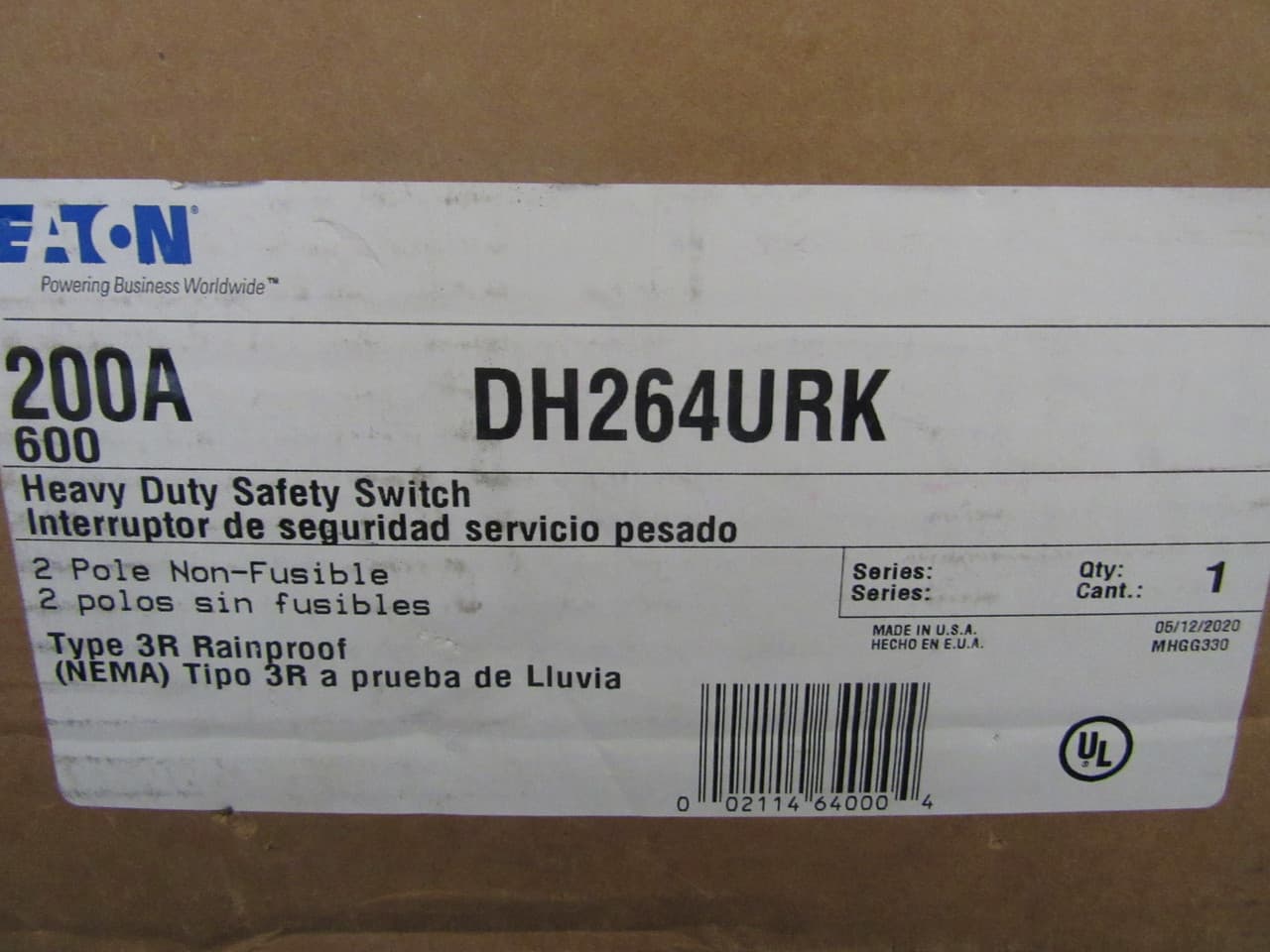 Eaton DH264URK DH264URK Eaton - Eaton Heavy duty single-throw non-fused safety switch, Single-throw, 200A, NEMA 3R, Painted galvanized steel, , Non-fusible, Two-pole, Two-wire, 50 at 480 Vac TD 1 Ph, 50 at 600 Vac TD 1 Ph, 50 at 600 Vdc Eaton DH264URK DH264URK Eaton - Eaton Heavy duty single-throw non-fused safety switch, Single-throw, 200A, NEMA 3R, Painted galvanized steel, , Non-fusible, Two-pole, Two-wire, 50 at 480 Vac TD 1 Ph, 50 at 600 Vac TD 1 Ph, 50 at 600 Vdc