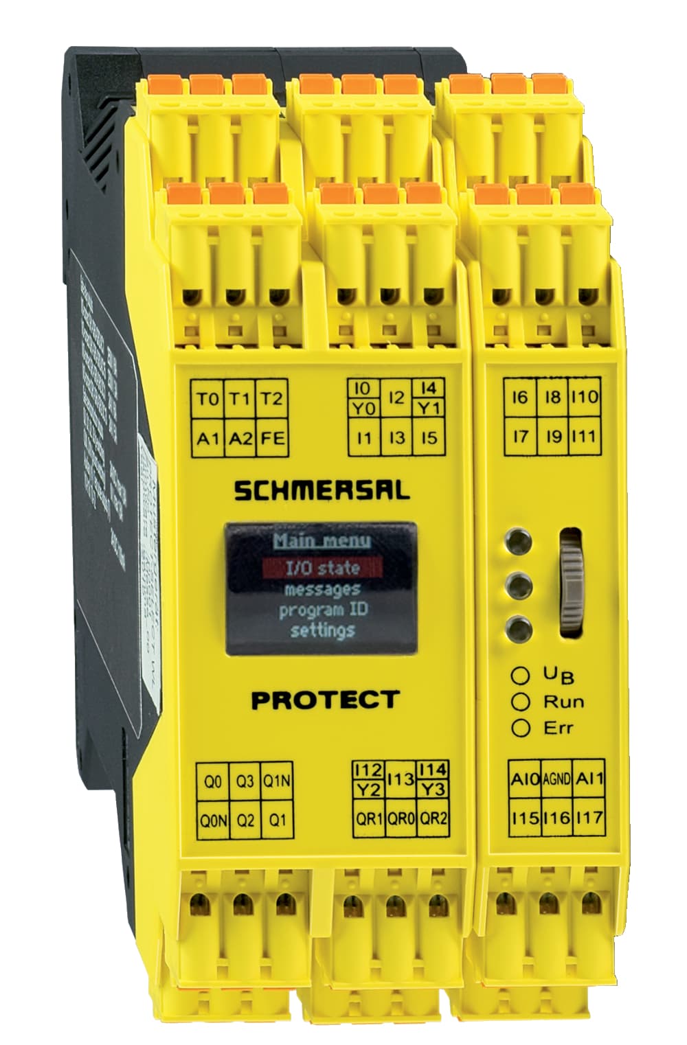 Schmersal PROTECT-SELECT-SK Safe signal processing; Simple and flexible parameter setting; No programming skills required; 18 safe inputs for the redundant inquiry of all common safety sensors; 4 safety semi-conductor outputs; 2 safety relay outputs; 4 optional signalling outputs; R Schmersal PROTECT-SELECT-SK Safe signal processing; Simple and flexible parameter setting; No programming skills required; 18 safe inputs for the redundant inquiry of all common safety sensors; 4 safety semi-conductor outputs; 2 safety relay outputs; 4 optional signalling outputs; R