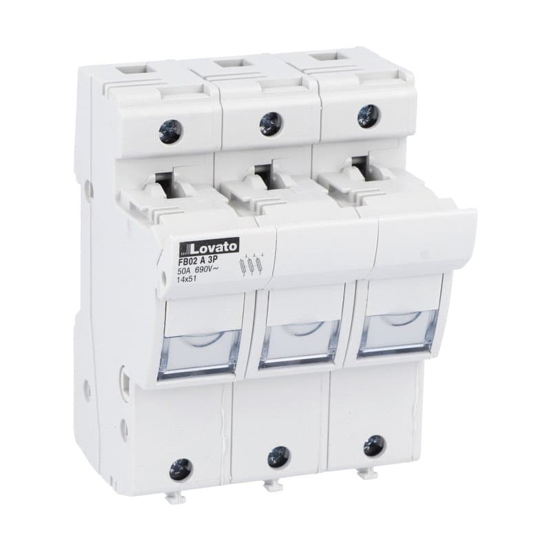 Lovato Electric FB02A3P FB02A3P Lovato - Fuse holder UL recognized and CSA certified, for 14X51mm fuses. 50A rated current at 690VAC, 3P. Without status indicator. 3 modules Lovato Electric FB02A3P FB02A3P Lovato - Fuse holder UL recognized and CSA certified, for 14X51mm fuses. 50A rated current at 690VAC, 3P. Without status indicator. 3 modules