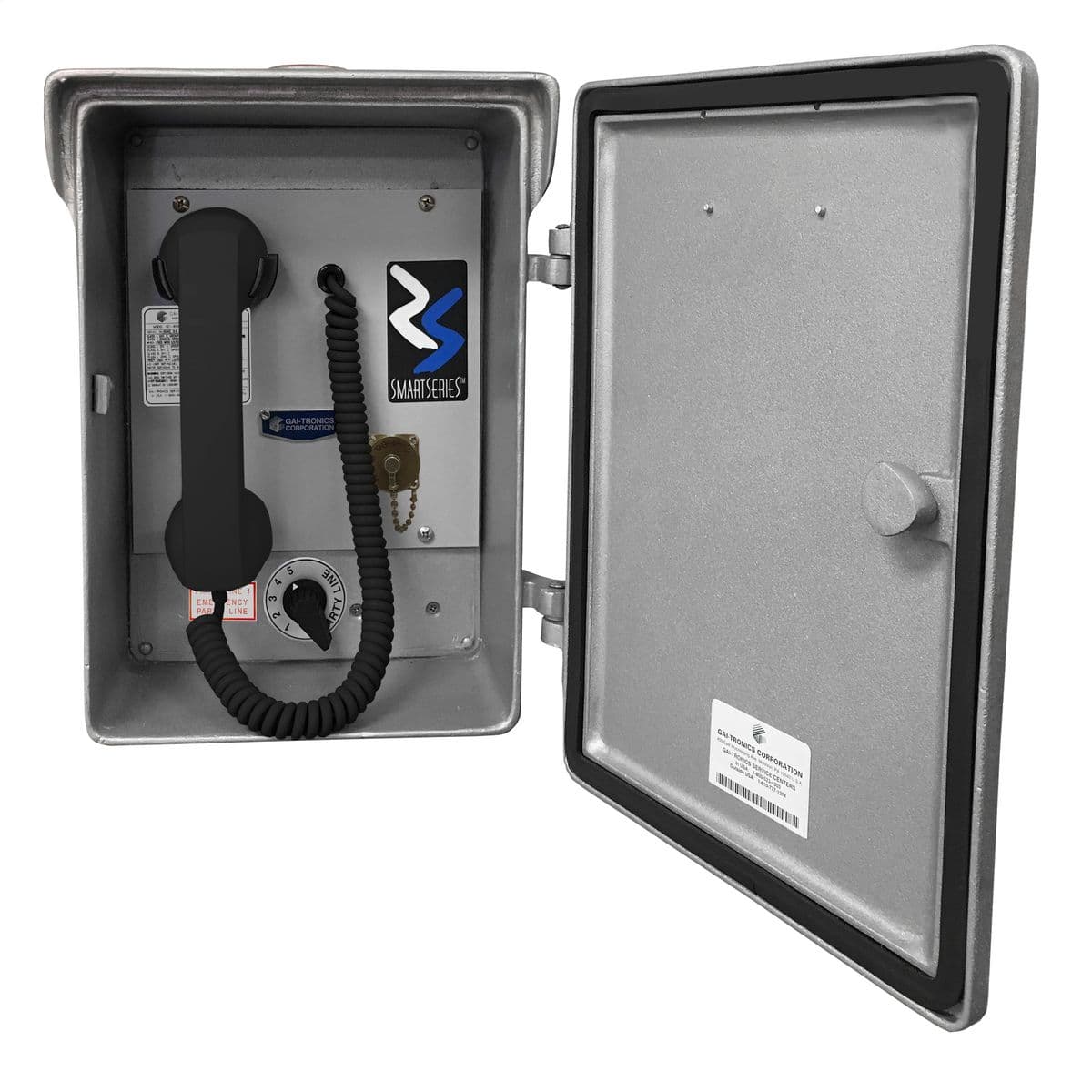 Hubbell 7305-834 Smart Handset Station, Emergency Party Line, Metal, with Auxiliary Jack; Consists of: 701-904 and 7325-104  ; Station off-hook status monitored ; Page and off-hook duration limited to prevent nuisance pages and open microphone problems ; SmartVolume featu Hubbell 7305-834 Smart Handset Station, Emergency Party Line, Metal, with Auxiliary Jack; Consists of: 701-904 and 7325-104  ; Station off-hook status monitored ; Page and off-hook duration limited to prevent nuisance pages and open microphone problems ; SmartVolume featu
