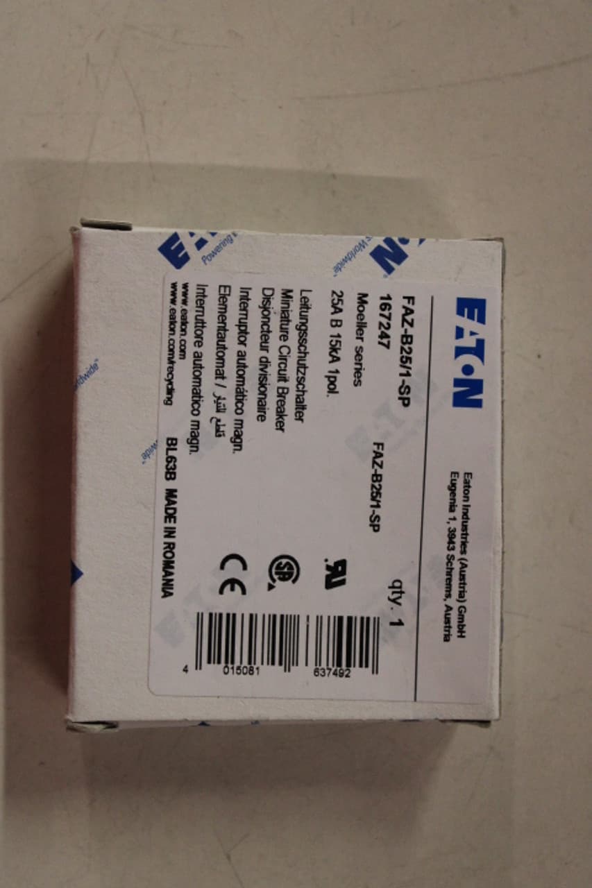 Eaton FAZ-B25/1-SP Eaton FAZ supplementary protector,UL 1077 Industrial miniature circuit breaker-supplementary protector,Single package,Low levels of inrush current are expected,25A,15 kAIC,Single-pole,240/415 V,3-5X/n,Q38,50-60 Hz,Standard terminals,B Curve Eaton FAZ-B25/1-SP Eaton FAZ supplementary protector,UL 1077 Industrial miniature circuit breaker-supplementary protector,Single package,Low levels of inrush current are expected,25A,15 kAIC,Single-pole,240/415 V,3-5X/n,Q38,50-60 Hz,Standard terminals,B Curve
