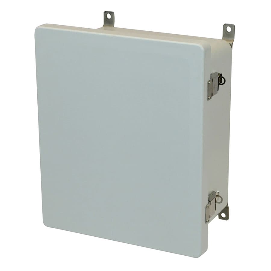 Allied Moulded Products AM1206L 12"x10"x6" AM Series fiberglass wall mount enclosure assembly with hinged cover and stainless-steel snap latch Allied Moulded Products AM1206L 12"x10"x6" AM Series fiberglass wall mount enclosure assembly with hinged cover and stainless-steel snap latch