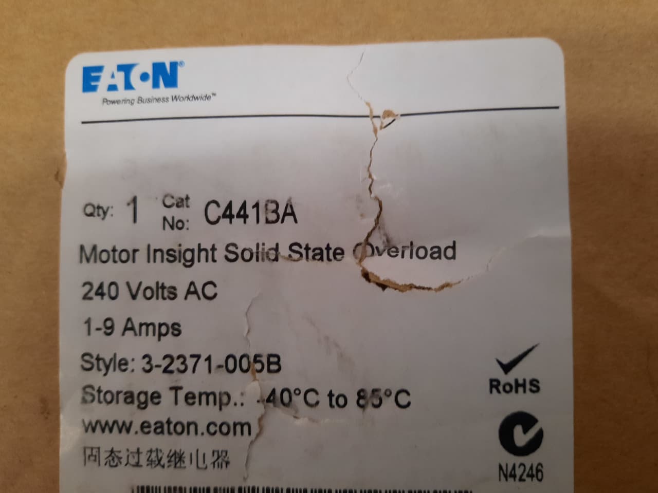 Eaton C441BA Eaton C441BA Relays Motor Insight Solid State Overload 1-9A 240V Eaton C441BA Eaton C441BA Relays Motor Insight Solid State Overload 1-9A 240V
