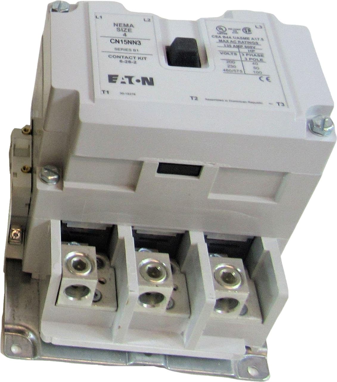 Eaton CN15NN3C CN15NN3C Eaton - Eaton NEMA freedom series Non-reversing contactor, 40 hp at 208V, 50 hp at 240V, 100 hp at 480,600V maximum horsepower, 480V/60 Hz or 440V/50 Hz coil voltage, 135A, Three-pole, Size 4 Eaton CN15NN3C CN15NN3C Eaton - Eaton NEMA freedom series Non-reversing contactor, 40 hp at 208V, 50 hp at 240V, 100 hp at 480,600V maximum horsepower, 480V/60 Hz or 440V/50 Hz coil voltage, 135A, Three-pole, Size 4
