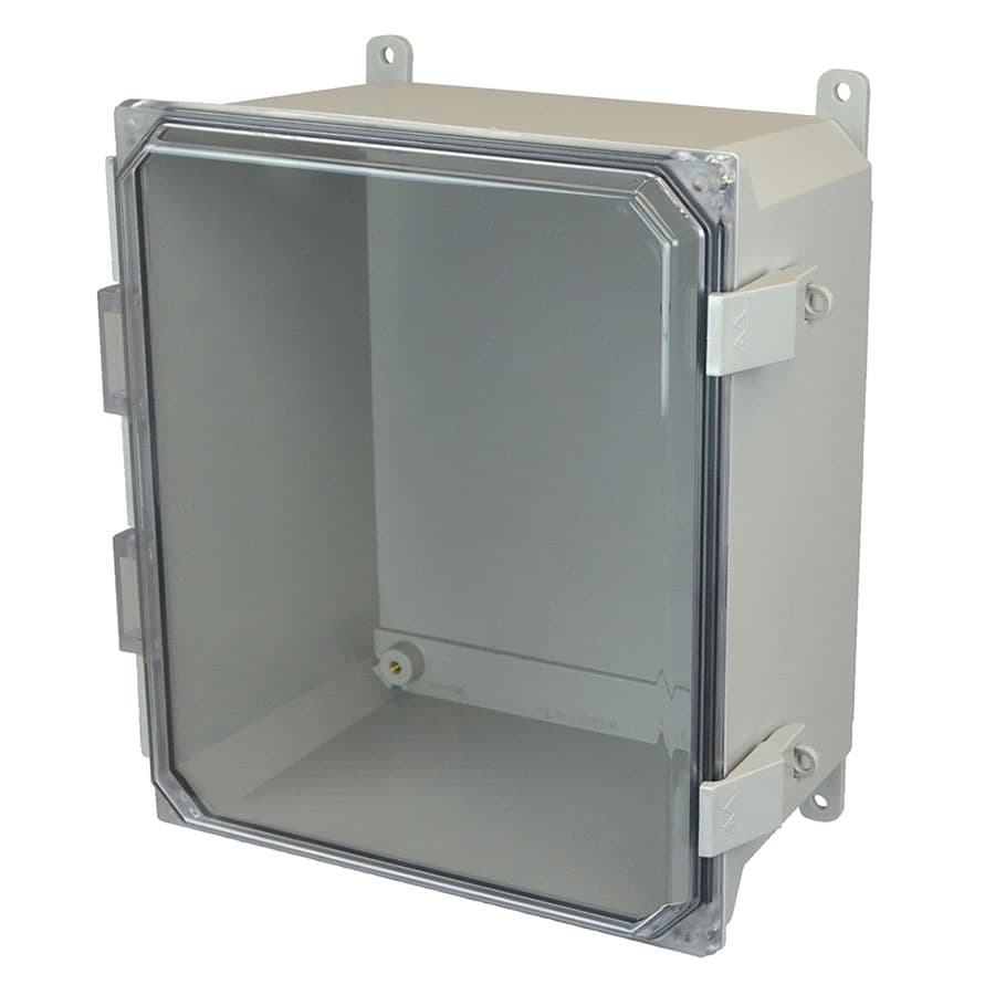 Allied Moulded Products AMU1426CCNL 14"x12"x6" ULTRALINE® fiberglass wall mount enclosure assembly with hinged clear cover and nonmetal snap latch Allied Moulded Products AMU1426CCNL 14"x12"x6" ULTRALINE® fiberglass wall mount enclosure assembly with hinged clear cover and nonmetal snap latch