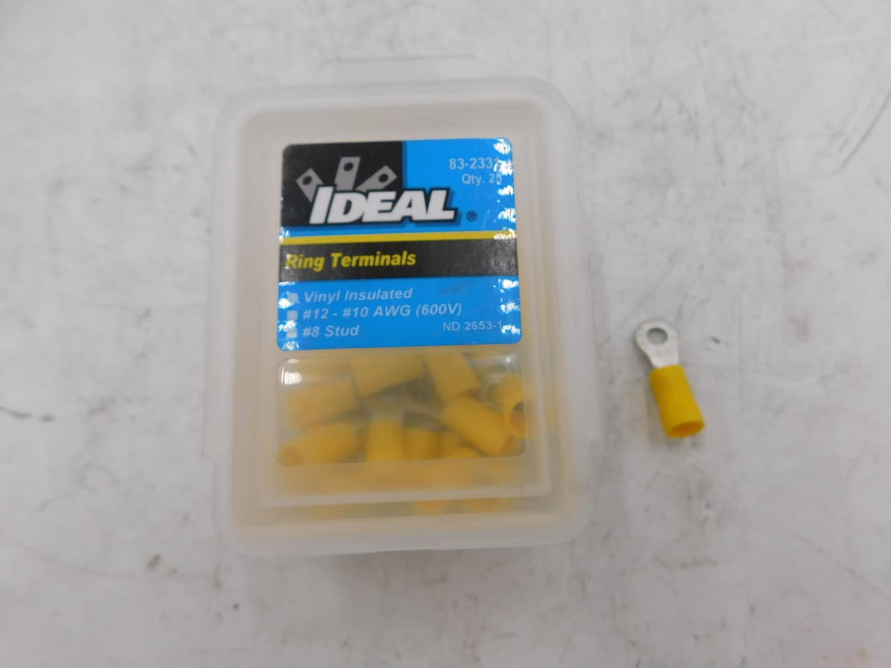 Ideal Industries 83-2331 12 to 10 AWG, #8 Stud, 600 V, Yellow, Tin Plated Brass, Vinyl Insulated, Crimp, Butted Seam Ideal Industries 83-2331 12 to 10 AWG, #8 Stud, 600 V, Yellow, Tin Plated Brass, Vinyl Insulated, Crimp, Butted Seam