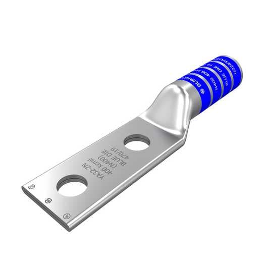 Burndy YA322N 400 KCMIL Stranded Copper Conductor, 600 V to 35 kV, 1/2" Stud, Blue, Electro Tin Plated Copper, 2-Hole, Long, Straight, Chamfered, Non-Insulated, Compression Cable Lug Burndy YA322N 400 KCMIL Stranded Copper Conductor, 600 V to 35 kV, 1/2" Stud, Blue, Electro Tin Plated Copper, 2-Hole, Long, Straight, Chamfered, Non-Insulated, Compression Cable Lug