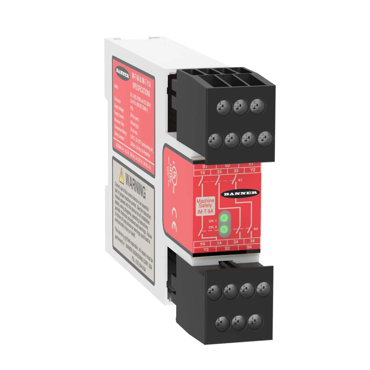 Banner IM-T-9A Relay Module for Safety Light Curtain/Control with EDM; Supply Voltage: 24 V dc; Safety Input: 1 Dual/Single Channel; Safety Output: 3 NO, 6 A; Aux Output: None; Terminal Block: Removable; Width: 22.5 mm Banner IM-T-9A Relay Module for Safety Light Curtain/Control with EDM; Supply Voltage: 24 V dc; Safety Input: 1 Dual/Single Channel; Safety Output: 3 NO, 6 A; Aux Output: None; Terminal Block: Removable; Width: 22.5 mm