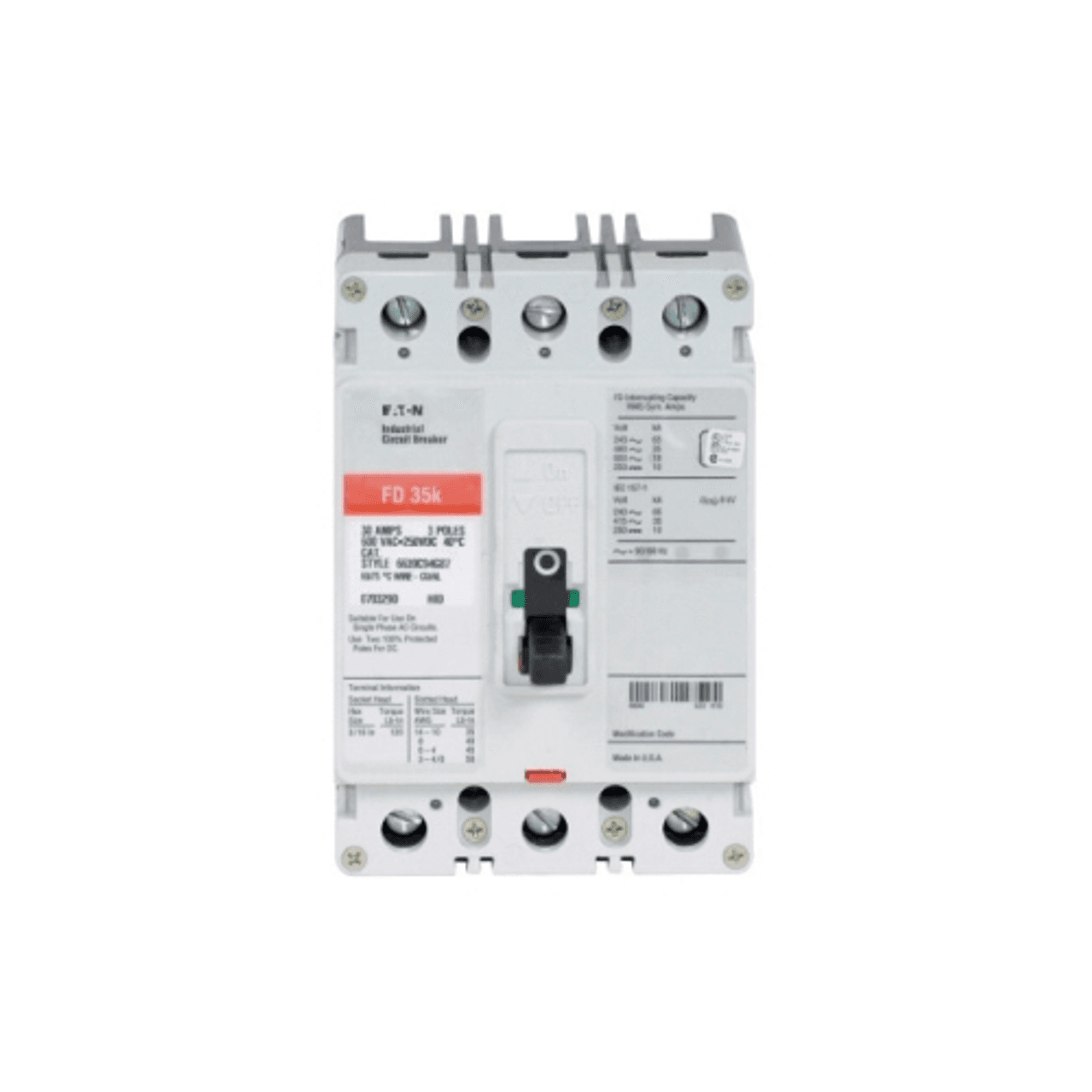Eaton FD3125J01 FD3125J01 Eaton - Eaton Series C complete molded case circuit breaker, F-frame, FD, Fixed thermal, fixed magnetic trip, Three-pole, 125A, 600 Vac, 250 Vdc, 65 kAIC at 240 Vac, 35 kAIC at 480 Vac, Load side, Moisture fungus treatment, 50/60 Hz Eaton FD3125J01 FD3125J01 Eaton - Eaton Series C complete molded case circuit breaker, F-frame, FD, Fixed thermal, fixed magnetic trip, Three-pole, 125A, 600 Vac, 250 Vdc, 65 kAIC at 240 Vac, 35 kAIC at 480 Vac, Load side, Moisture fungus treatment, 50/60 Hz