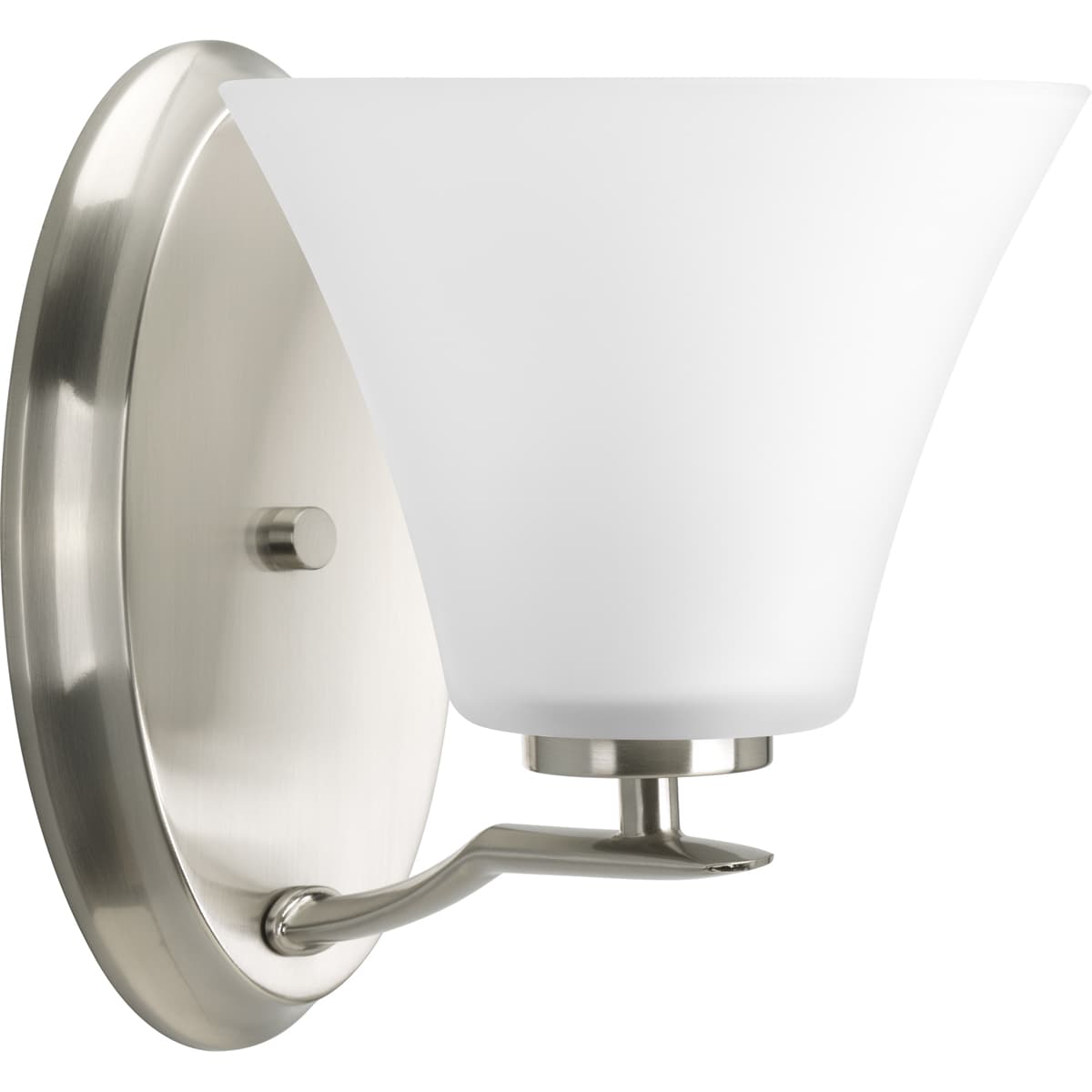 Hubbell P2004-09 One-light bath finished in Brushed Nickel with etched glass shades scaled across a slightly arching, pointed arm. Generously balanced glass shades add distinction and provide pleasing illumination to your room. Coordinating fixtures from this collection l Hubbell P2004-09 One-light bath finished in Brushed Nickel with etched glass shades scaled across a slightly arching, pointed arm. Generously balanced glass shades add distinction and provide pleasing illumination to your room. Coordinating fixtures from this collection l