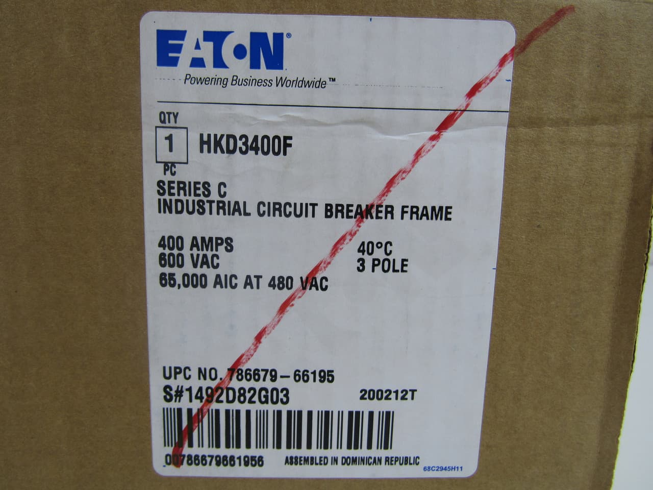 Eaton HKD3400F HKD3400F Eaton - Eaton Series C molded case circuit breaker frame, K-frame, HKD, Frame only, Fixed thermal, Fixed magnetic trip type, Three-pole, 400 A, 600 Vac, 250 Vdc, 100 kAIC at 240 Vac, 65 kAIC at 480 Vac, 50/60 Hz Eaton HKD3400F HKD3400F Eaton - Eaton Series C molded case circuit breaker frame, K-frame, HKD, Frame only, Fixed thermal, Fixed magnetic trip type, Three-pole, 400 A, 600 Vac, 250 Vdc, 100 kAIC at 240 Vac, 65 kAIC at 480 Vac, 50/60 Hz