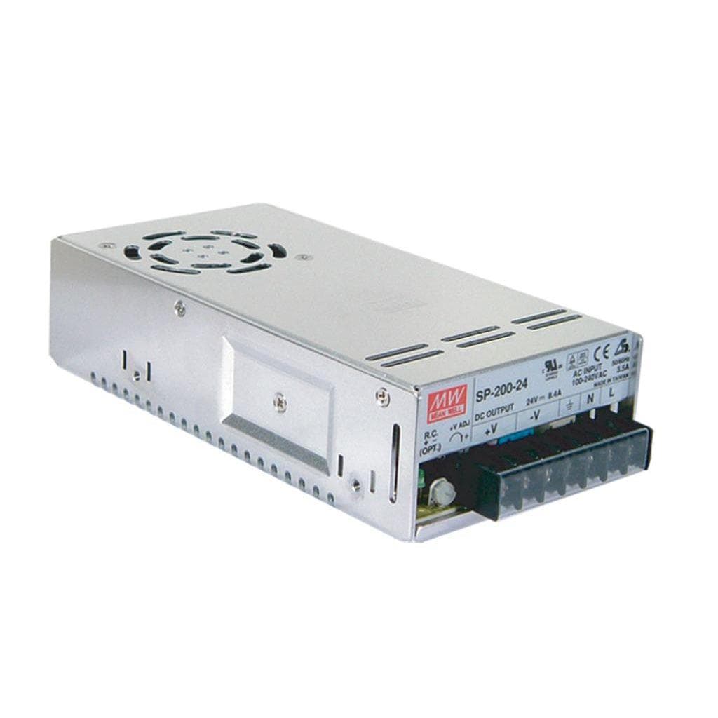 MEAN WELL SP-200-7.5 AC-DC Single output enclosed power supply with PFC; Input range 85-264VAC; Output 7.5Vdc at 26.7A; forced air cooling; optional remote ON/OFF; SP-200-7.5 is succeeded by RSP-200-7.5. MEAN WELL SP-200-7.5 AC-DC Single output enclosed power supply with PFC; Input range 85-264VAC; Output 7.5Vdc at 26.7A; forced air cooling; optional remote ON/OFF; SP-200-7.5 is succeeded by RSP-200-7.5.