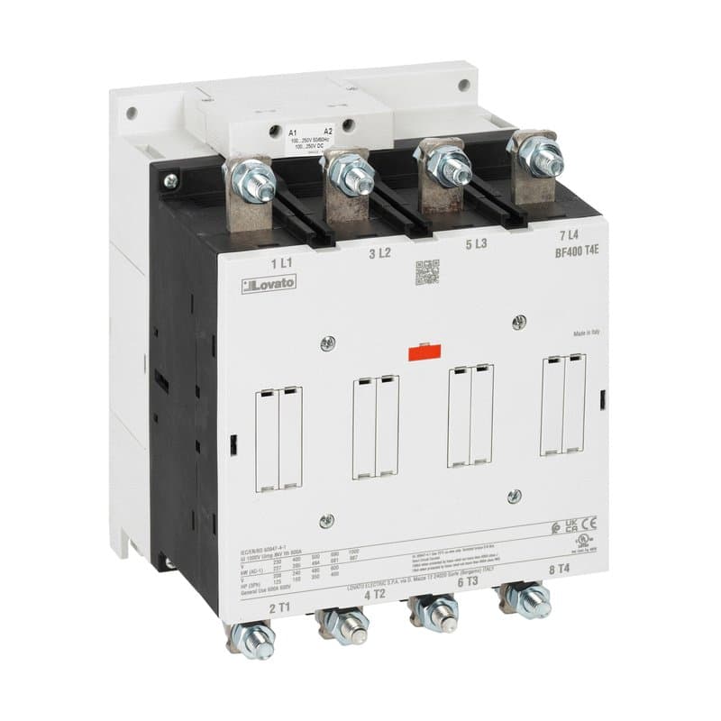 Lovato Electric BF330T4E400 BF330T4E400 Lovato - Four-pole contactor, IEC operating current Ith (AC1) = 500A, AC/DC coil, 250...500VAC/DC Lovato Electric BF330T4E400 BF330T4E400 Lovato - Four-pole contactor, IEC operating current Ith (AC1) = 500A, AC/DC coil, 250...500VAC/DC