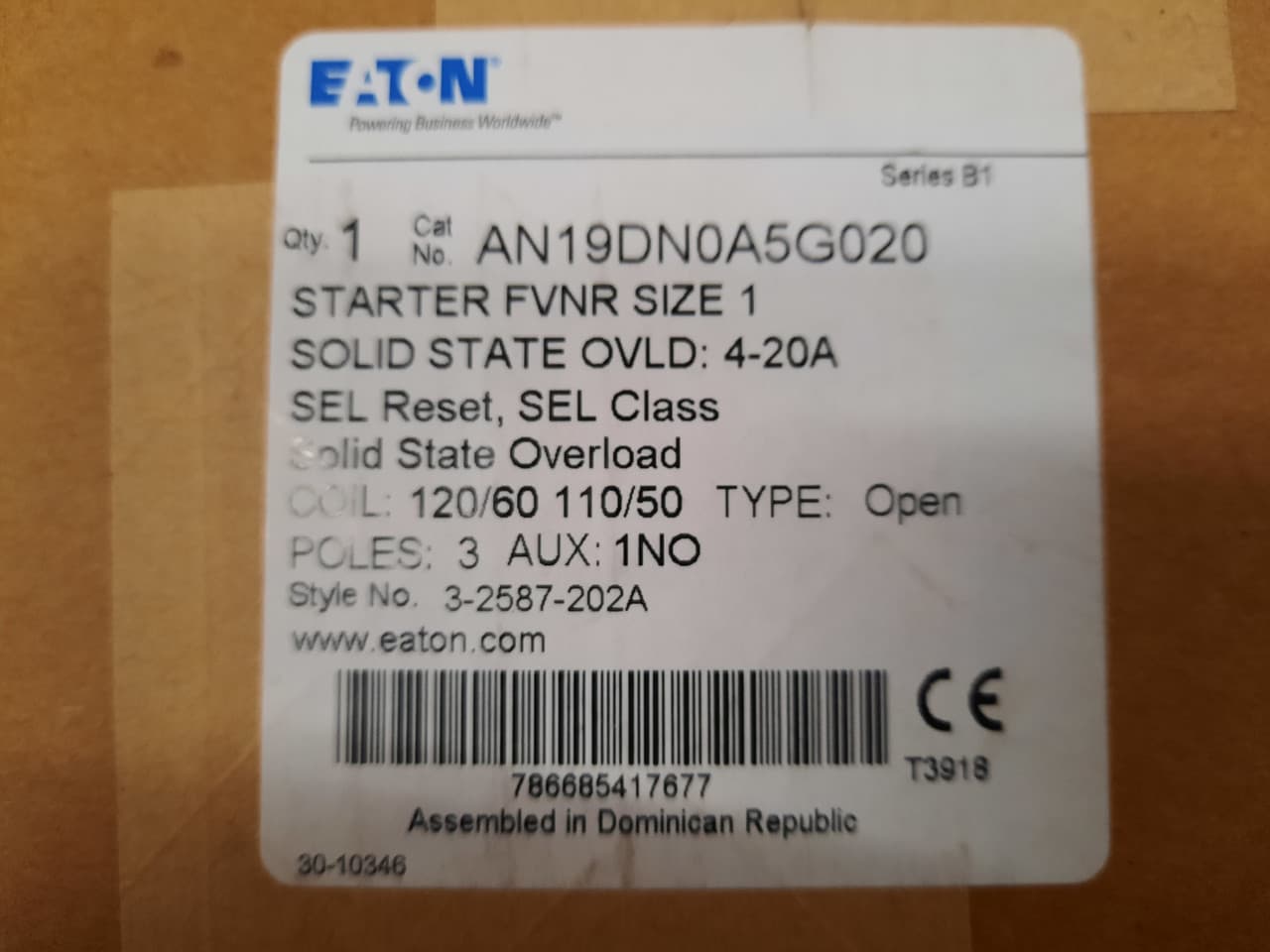 Eaton AN19DN0A5G020 AN19DN0A5G020 Eaton - Eaton Freedom NEMA motor control starter,NEMA Non-reversing Freedom Series starter,With C440 EOLR Ground fault feature set,SEL Reset,SEL Class (10,20),120V/60 Hz or 110V/50 Hz coil voltage,Horizontal mount,27A,4-20A fla range,Size 1 Eaton AN19DN0A5G020 AN19DN0A5G020 Eaton - Eaton Freedom NEMA motor control starter,NEMA Non-reversing Freedom Series starter,With C440 EOLR Ground fault feature set,SEL Reset,SEL Class (10,20),120V/60 Hz or 110V/50 Hz coil voltage,Horizontal mount,27A,4-20A fla range,Size 1
