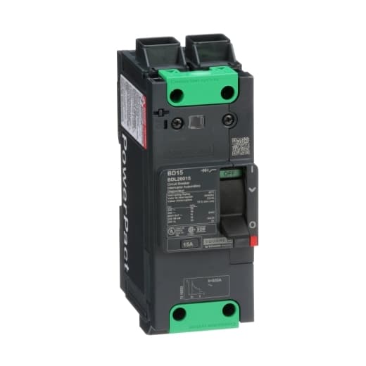 Schneider Electric BDL26015 Square D by Schneider Electric BDL26015 is a Moulded Case Circuit Breaker (MCCB) within the PowerPacT BDL sub-range, featuring a PowerPact B-Frame 100 TMD 2P 15A design for 600Y/347Vac with a 14kA breaking capacity and 80% rated Everlink (Creep compensating) lugs on both line and load sides. It has a rated impulse voltage (Uimp) of 8 kV and offers a degree of protection of IP40. The rated current is 15A, with a rated voltage (AC) of 600Vac 600Y/347Vac. This MCCB has a mechanical durability of 20,000 operations at no load and can be mounted on a DIN rail or as an individual unit on a plate. It features 2 poles (2P), with dimensions of 137 mm in height, 80 mm in depth, and 54 mm in width. The utilisation category is A. Protection settings include over-current fixed at 15A, short-circuit hold current fixed at 400A, and short-circuit trip current fixed at 600A. The rated voltage (DC) is 250Vdc, with a rated insulation voltage (Ui) of 800 V and a rated operating voltage (Ue) of 525 V. Protection functions cover thermal protection (Overload) and magnetic protection (Short-circuit), with a trip current rating of 15 AT. Electrical durability with load is rated at 10,000 operations at 440Vac; In. The frame current rating is 100 AF, with a toggle (manual) operating mode. The short circuit breaking rating varies by voltage, with 25kA at 240Vac, 18kA at 480Vac and 480Y/277Vac, 14kA at 600Y/347Vac, and 10kA at 250Vdc, all according to UL489 standards. The trip unit type is Thermal-Magnetic (fixed) with no display. Schneider Electric BDL26015 Square D by Schneider Electric BDL26015 is a Moulded Case Circuit Breaker (MCCB) within the PowerPacT BDL sub-range, featuring a PowerPact B-Frame 100 TMD 2P 15A design for 600Y/347Vac with a 14kA breaking capacity and 80% rated Everlink (Creep compensating) lugs on both line and load sides. It has a rated impulse voltage (Uimp) of 8 kV and offers a degree of protection of IP40. The rated current is 15A, with a rated voltage (AC) of 600Vac 600Y/347Vac. This MCCB has a mechanical durability of 20,000 operations at no load and can be mounted on a DIN rail or as an individual unit on a plate. It features 2 poles (2P), with dimensions of 137 mm in height, 80 mm in depth, and 54 mm in width. The utilisation category is A. Protection settings include over-current fixed at 15A, short-circuit hold current fixed at 400A, and short-circuit trip current fixed at 600A. The rated voltage (DC) is 250Vdc, with a rated insulation voltage (Ui) of 800 V and a rated operating voltage (Ue) of 525 V. Protection functions cover thermal protection (Overload) and magnetic protection (Short-circuit), with a trip current rating of 15 AT. Electrical durability with load is rated at 10,000 operations at 440Vac; In. The frame current rating is 100 AF, with a toggle (manual) operating mode. The short circuit breaking rating varies by voltage, with 25kA at 240Vac, 18kA at 480Vac and 480Y/277Vac, 14kA at 600Y/347Vac, and 10kA at 250Vdc, all according to UL489 standards. The trip unit type is Thermal-Magnetic (fixed) with no display.