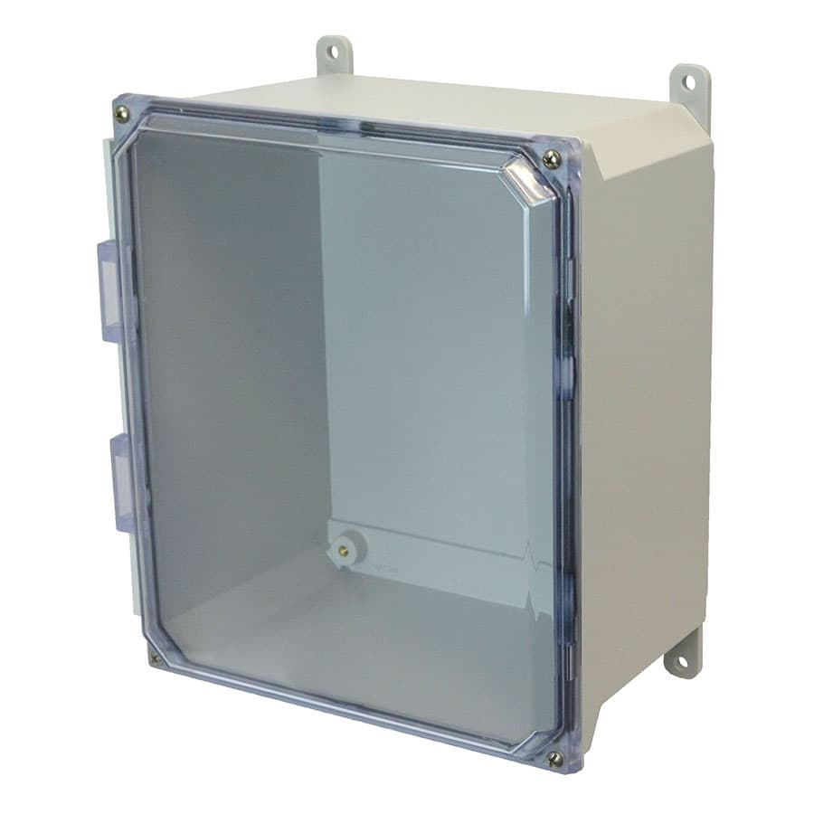 Allied Moulded Products AMU1648CC 16"x14"x8" ULTRALINE® fiberglass wall mount enclosure assembly with 4-screw lift-off clear cover Allied Moulded Products AMU1648CC 16"x14"x8" ULTRALINE® fiberglass wall mount enclosure assembly with 4-screw lift-off clear cover