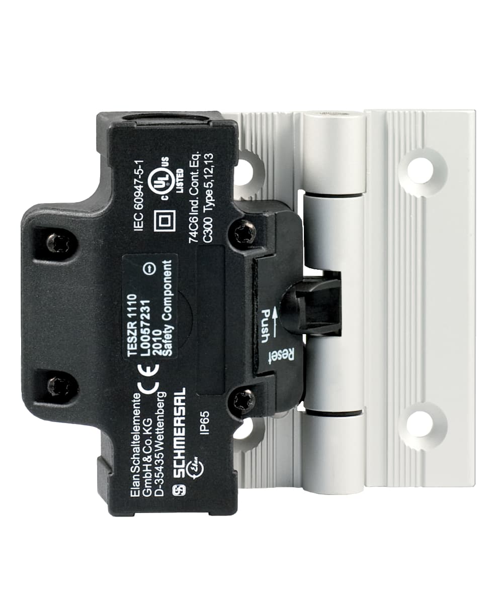 Schmersal TESZR1110 Safety switch for hinged guards; Hinge safety switch; 2 cable entries M 20 x 1.5; Simple fitting, especially on 40 mm profiles; Thermoplastic enclosure; Double-insulated; Good resistance to oil and petroleum spirit; 111,5 mm x 92 mm x 36 mm Schmersal TESZR1110 Safety switch for hinged guards; Hinge safety switch; 2 cable entries M 20 x 1.5; Simple fitting, especially on 40 mm profiles; Thermoplastic enclosure; Double-insulated; Good resistance to oil and petroleum spirit; 111,5 mm x 92 mm x 36 mm
