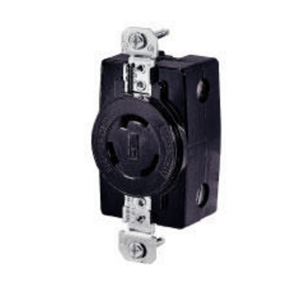 Hubbell 71120FR Locking Devices, Industrial, Flush Nylon Receptacle, 20A 3-Phase Delta 250V AC, 3-Pole 3-Wire Non-Grounding, L11-20R, Screw Terminal, Black/White.  ; Combination back and side wiring terminals accept #14 through #8 AWG solid or stranded conductors ; Heavy Hubbell 71120FR Locking Devices, Industrial, Flush Nylon Receptacle, 20A 3-Phase Delta 250V AC, 3-Pole 3-Wire Non-Grounding, L11-20R, Screw Terminal, Black/White.  ; Combination back and side wiring terminals accept #14 through #8 AWG solid or stranded conductors ; Heavy