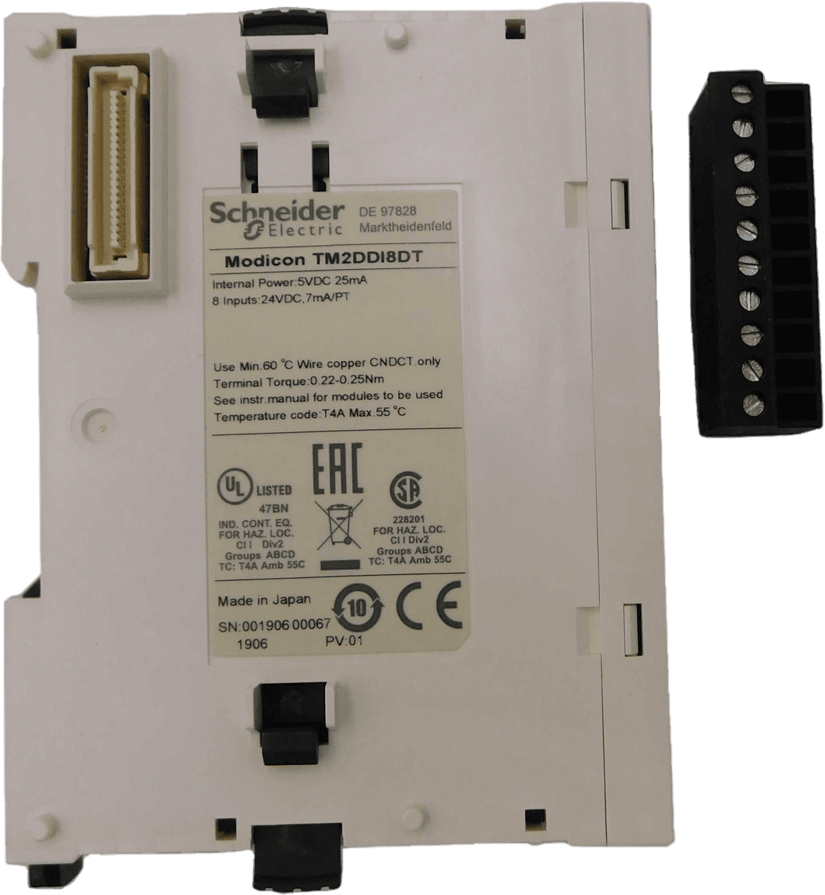 Schneider Electric TM2DDI8DT Schneider Electric TM2DDI8DT is an I/O unit specifically designed as part of the Modicon TM2 I/O modules sub-range. This DC digital input module features a removable screw terminal block connection type, ensuring ease of installation and maintenance. It operates on a supply voltage of 19-30Vdc, with a nominal voltage of 24Vdc, and is designed for symmetrical rail mounting. The unit has a current consumption of 25mA at 5Vdc when in state 1 for all inputs. It is equipped with 8 digital inputs that can function as either sink or source, catering to a variety of digital control needs in automation systems. Schneider Electric TM2DDI8DT Schneider Electric TM2DDI8DT is an I/O unit specifically designed as part of the Modicon TM2 I/O modules sub-range. This DC digital input module features a removable screw terminal block connection type, ensuring ease of installation and maintenance. It operates on a supply voltage of 19-30Vdc, with a nominal voltage of 24Vdc, and is designed for symmetrical rail mounting. The unit has a current consumption of 25mA at 5Vdc when in state 1 for all inputs. It is equipped with 8 digital inputs that can function as either sink or source, catering to a variety of digital control needs in automation systems.