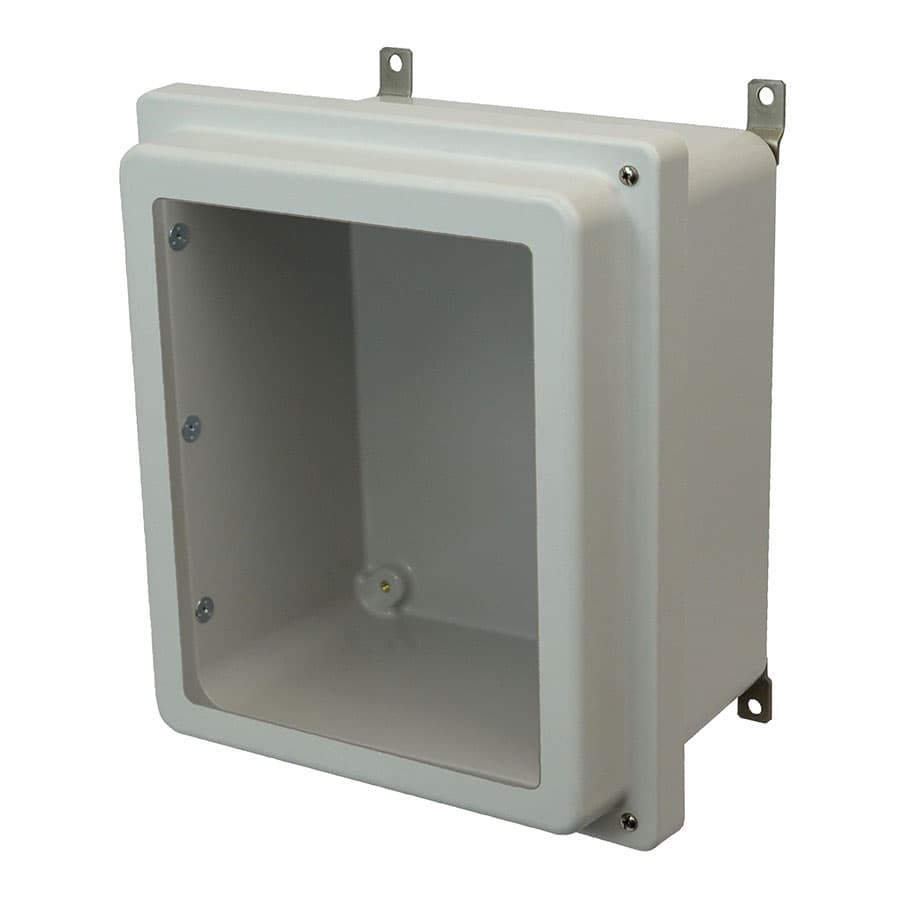 Allied Moulded Products AM1206RHW 12"x10"x6" AM-R Series fiberglass wall mount enclosure assembly with raised 2-screw hinged window cover Allied Moulded Products AM1206RHW 12"x10"x6" AM-R Series fiberglass wall mount enclosure assembly with raised 2-screw hinged window cover