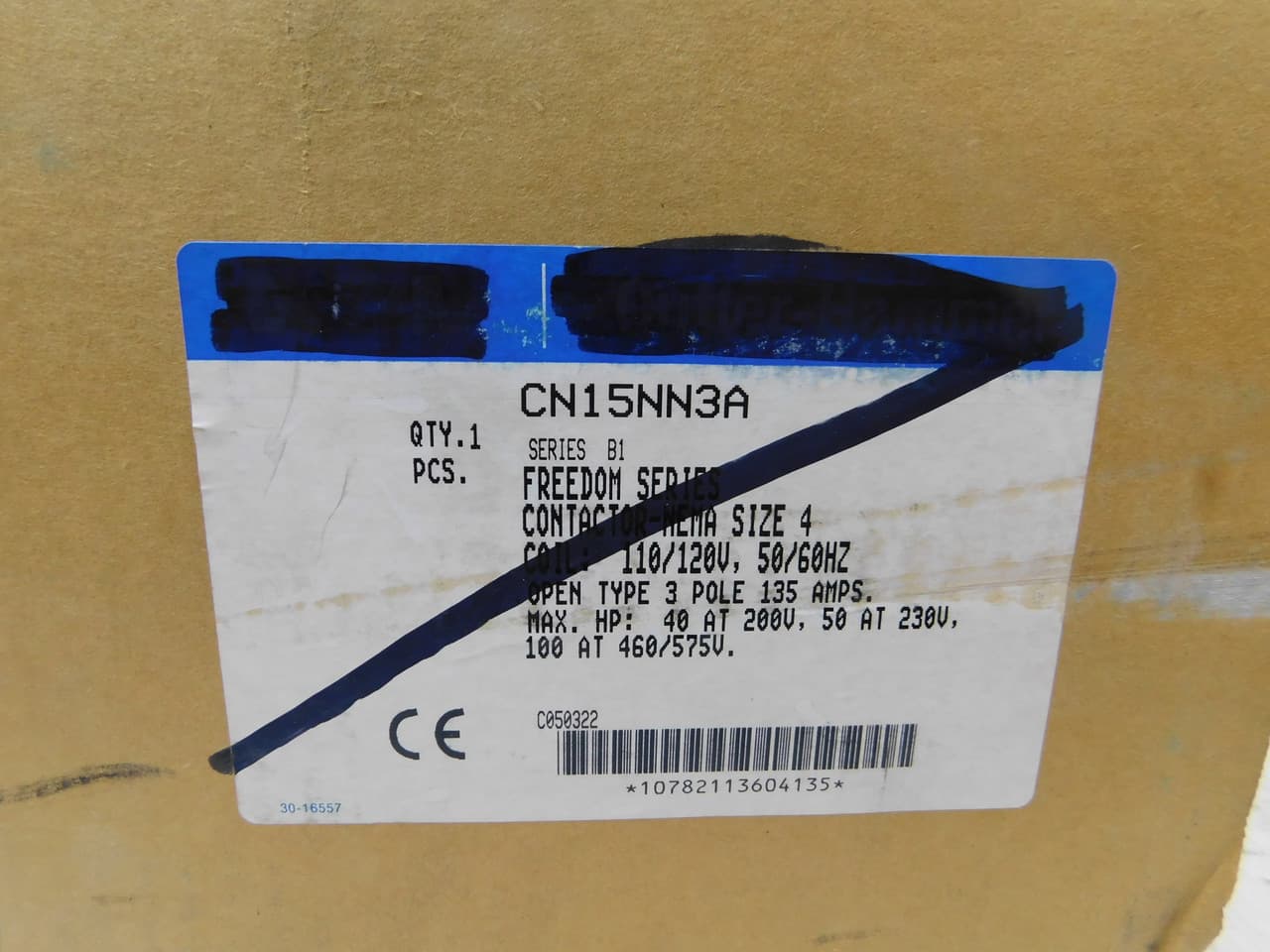 Eaton CN15NN3A CN15NN3A Eaton - Eaton NEMA Freedom Series Non-Reversing Contactor, 40 hp at 208V, 50 hp at 240V, 100 hp at 480,600V maximum horsepower, 120V/60 Hz or 110V/50 Hz coil voltage, 135A, Three-pole, Size 4 Eaton CN15NN3A CN15NN3A Eaton - Eaton NEMA Freedom Series Non-Reversing Contactor, 40 hp at 208V, 50 hp at 240V, 100 hp at 480,600V maximum horsepower, 120V/60 Hz or 110V/50 Hz coil voltage, 135A, Three-pole, Size 4