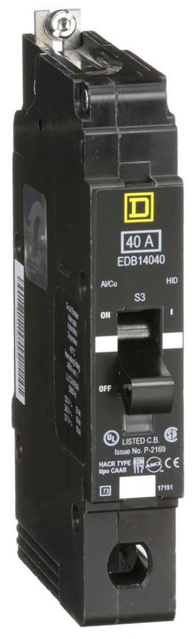 Schneider Electric EDB14040 Square D by Schneider Electric EDB14040 is a Miniature Circuit Breaker (MCB) designed for bolt-on mounting with a visual trip indicator. It features lugs type terminals and operates at a rated voltage of 277 V AC. This MCB serves as both an Equipment Protection Device (EPD) and a Circuit Breaker (CB) with a breaking capacity code D. It offers short-circuit and overload protection, utilizing an aluminium lugs connection. The EDB14040 is rated for a current of 40A and is a single-pole device. It accommodates a wire cross-section ranging from 12 to 2/0 AWG. The short circuit breaking rating is specified at 25kA for 120Vac, 18kA for 240Vac, and 18kA for 277Vac. It features a thermal-magnetic trip unit with a protection setting (trip unit rating) of 1800A. Schneider Electric EDB14040 Square D by Schneider Electric EDB14040 is a Miniature Circuit Breaker (MCB) designed for bolt-on mounting with a visual trip indicator. It features lugs type terminals and operates at a rated voltage of 277 V AC. This MCB serves as both an Equipment Protection Device (EPD) and a Circuit Breaker (CB) with a breaking capacity code D. It offers short-circuit and overload protection, utilizing an aluminium lugs connection. The EDB14040 is rated for a current of 40A and is a single-pole device. It accommodates a wire cross-section ranging from 12 to 2/0 AWG. The short circuit breaking rating is specified at 25kA for 120Vac, 18kA for 240Vac, and 18kA for 277Vac. It features a thermal-magnetic trip unit with a protection setting (trip unit rating) of 1800A.