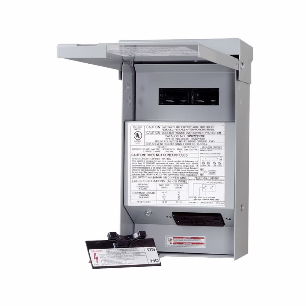 Eaton DPU222RGF20WRTR DPU222RGF20WRTR Eaton - Air Conditioning Disconnect, Non-fused pullout, 20A weather/tamper-resistant ground fault receptacle, 60A, 120/240V, 10 kAIC, #14-3 Cu/Al 60°C or 75°C, NEMA 3R Galvanized Steel enclosure, 10 hp at 240V, ANSI 61 gray Eaton DPU222RGF20WRTR DPU222RGF20WRTR Eaton - Air Conditioning Disconnect, Non-fused pullout, 20A weather/tamper-resistant ground fault receptacle, 60A, 120/240V, 10 kAIC, #14-3 Cu/Al 60°C or 75°C, NEMA 3R Galvanized Steel enclosure, 10 hp at 240V, ANSI 61 gray