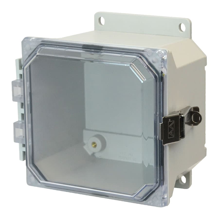 Allied Moulded Products AMU664CCLF 6"x6"x4" ULTRALINE® fiberglass wall mount enclosure assembly with hinged clear cover and stainless-steel snap latch Allied Moulded Products AMU664CCLF 6"x6"x4" ULTRALINE® fiberglass wall mount enclosure assembly with hinged clear cover and stainless-steel snap latch