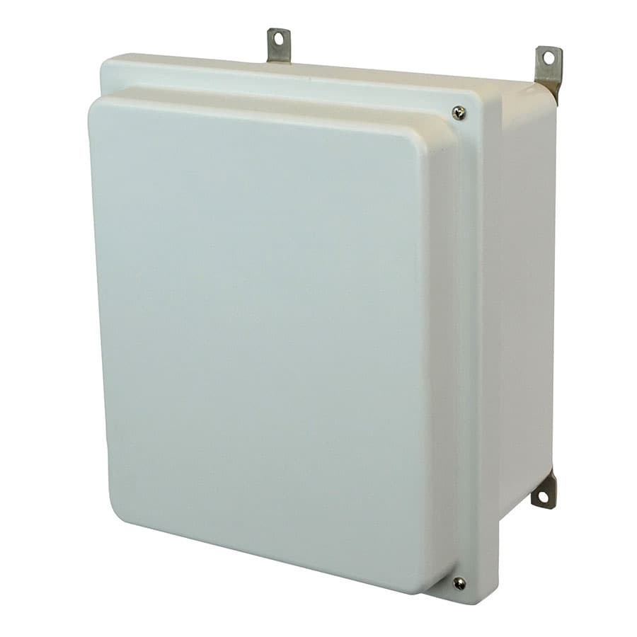 Allied Moulded Products AM1426RH 14"x12"x6" AM-R Series fiberglass wall mount enclosure assembly with raised 2-screw hinged cover Allied Moulded Products AM1426RH 14"x12"x6" AM-R Series fiberglass wall mount enclosure assembly with raised 2-screw hinged cover