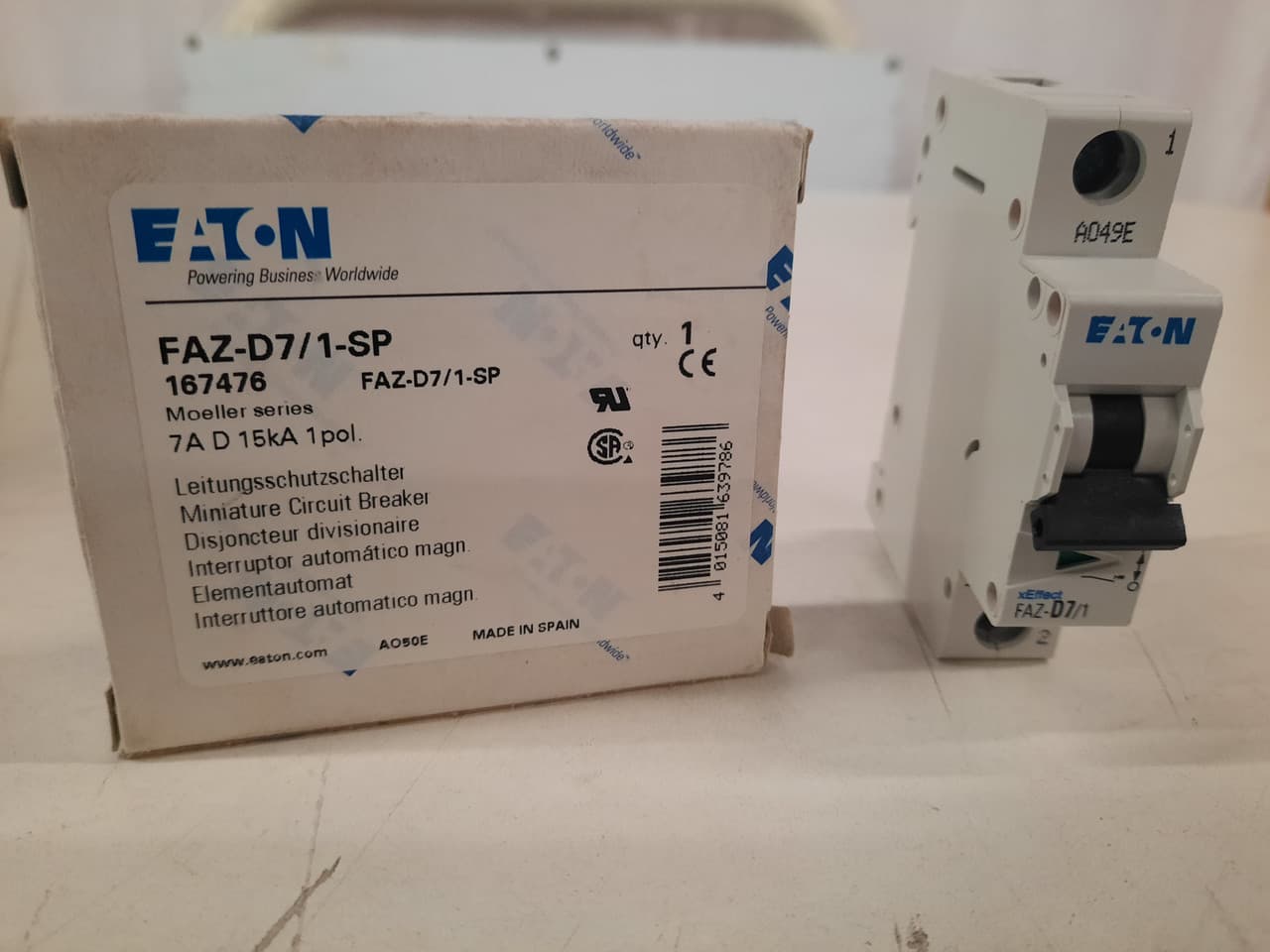 Eaton FAZ-D7/1-SP Eaton FAZ supplementary protector,UL 1077 Industrial miniature circuit breaker-supplementary protector,Single package,High levels of inrush current are expected,7 A,15 kAIC,Single-pole,277 V,10-20X/n,Q38,50-60 Hz,Standard terminals,D Curve Eaton FAZ-D7/1-SP Eaton FAZ supplementary protector,UL 1077 Industrial miniature circuit breaker-supplementary protector,Single package,High levels of inrush current are expected,7 A,15 kAIC,Single-pole,277 V,10-20X/n,Q38,50-60 Hz,Standard terminals,D Curve