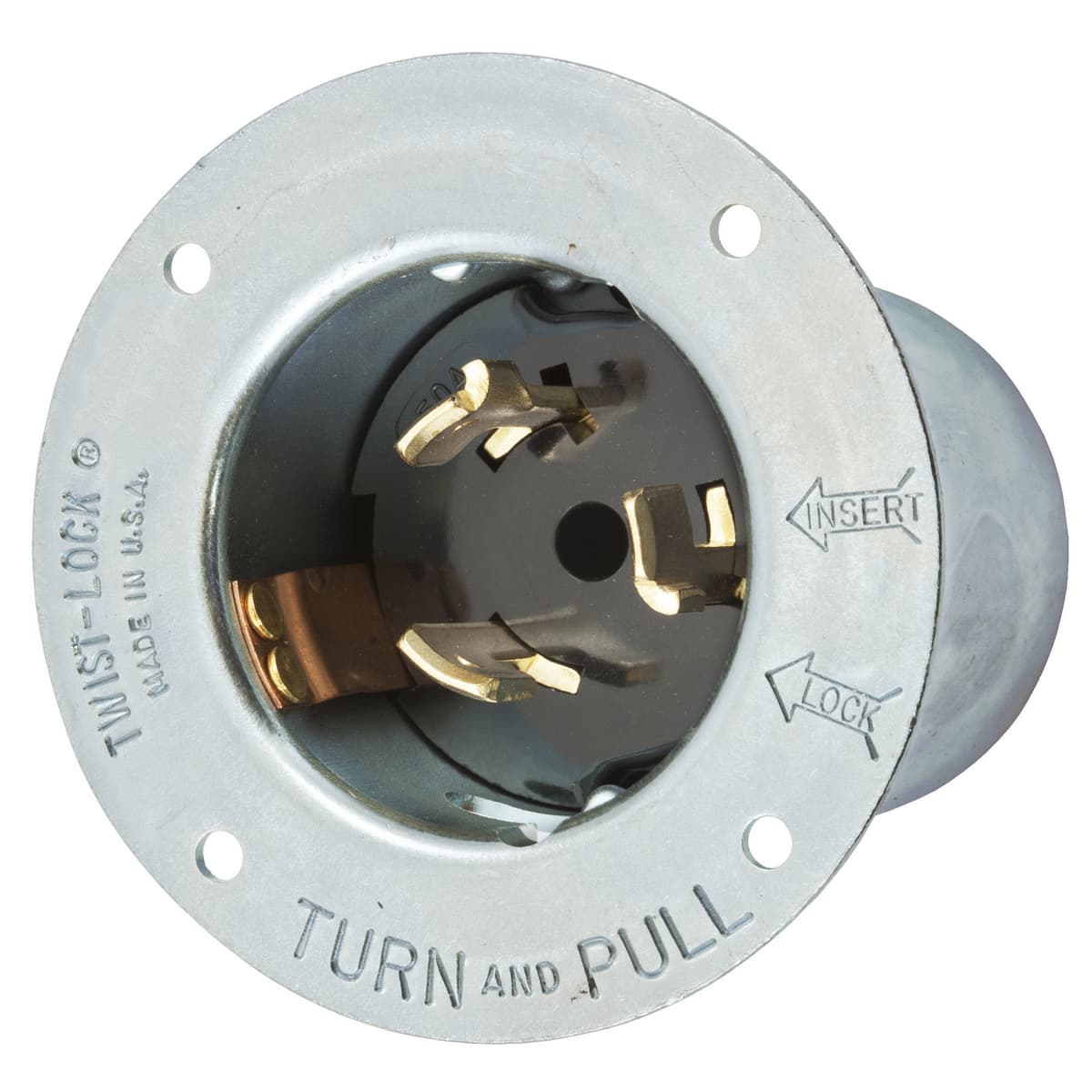 Hubbell CS8175A Locking Devices, Industrial, Flanged Inlet, 50A Phase Delta 480V AC, 3-Pole 4-Wire Grounding, Non-NEMA, Screw Terminal, Steel ; Metallic flanged casing provides maximum strength and protection ; Thermoset interior provides superior heat resistance ; Meta Hubbell CS8175A Locking Devices, Industrial, Flanged Inlet, 50A Phase Delta 480V AC, 3-Pole 4-Wire Grounding, Non-NEMA, Screw Terminal, Steel ; Metallic flanged casing provides maximum strength and protection ; Thermoset interior provides superior heat resistance ; Meta