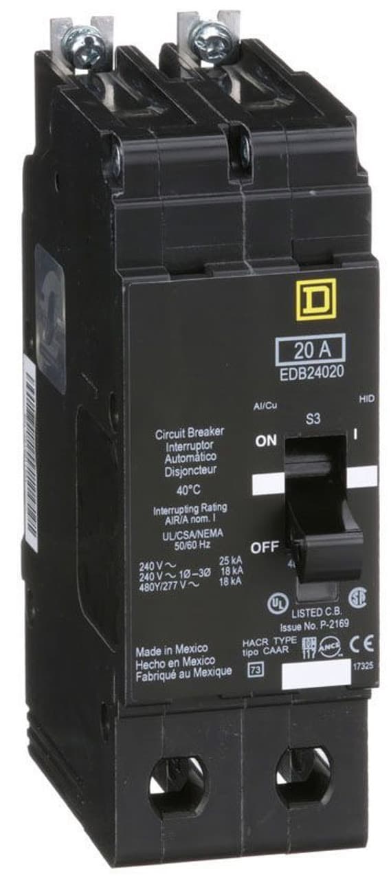 Schneider Electric EDB24020 Square D by Schneider Electric EDB24020 is a Miniature Circuit Breaker (MCB) designed for bolt-on mounting with a visual trip indicator. It features lugs type terminals and operates at a rated voltage of 480 V AC. This MCB serves as both an Equipment Protection Device (EPD) and a Circuit Breaker (CB) with a breaking capacity code D. It offers short-circuit and overload protection, utilizing an aluminium lugs connection. The EDB24020 is rated for 20A and is a 2 Pole device, accommodating a cross-section of 14-6AWG for one copper cable. It has a short circuit breaking rating of 25kA at 120Vac and 240Vac, and 18kA at 480Y/277Vac. The thermal-magnetic trip unit type has protection settings with a trip unit rating of 875A. Schneider Electric EDB24020 Square D by Schneider Electric EDB24020 is a Miniature Circuit Breaker (MCB) designed for bolt-on mounting with a visual trip indicator. It features lugs type terminals and operates at a rated voltage of 480 V AC. This MCB serves as both an Equipment Protection Device (EPD) and a Circuit Breaker (CB) with a breaking capacity code D. It offers short-circuit and overload protection, utilizing an aluminium lugs connection. The EDB24020 is rated for 20A and is a 2 Pole device, accommodating a cross-section of 14-6AWG for one copper cable. It has a short circuit breaking rating of 25kA at 120Vac and 240Vac, and 18kA at 480Y/277Vac. The thermal-magnetic trip unit type has protection settings with a trip unit rating of 875A.