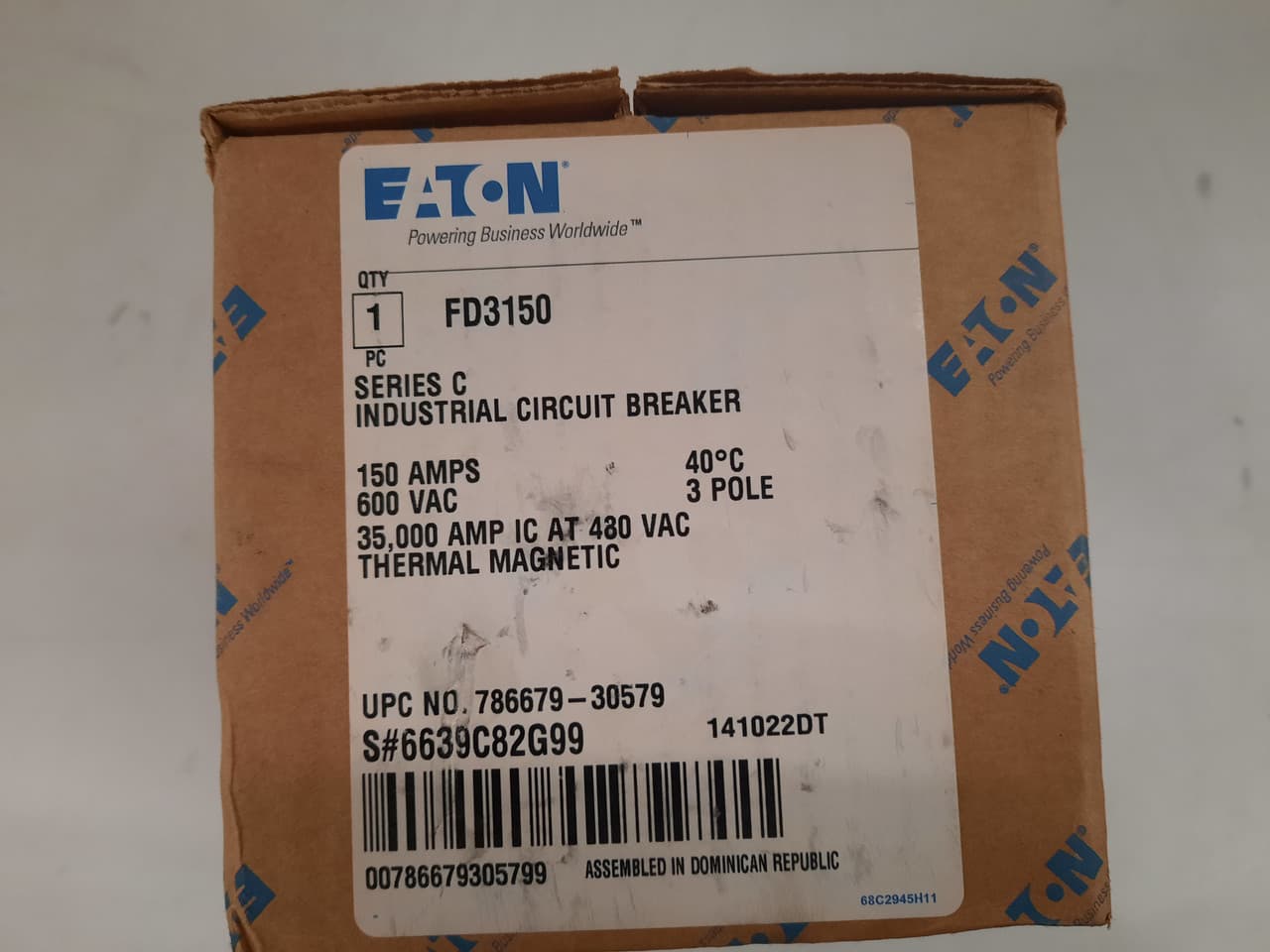 Eaton FD3150 FD3150 Eaton - Eaton Series C complete molded case circuit breaker, F-frame, FD, Complete breaker, Fixed thermal, Fixed magnetic trip type, Three-pole, 150 A, 600 Vac, 250 Vdc, 65 kAIC at 240 Vac, 35 kAIC at 480 Vac Eaton FD3150 FD3150 Eaton - Eaton Series C complete molded case circuit breaker, F-frame, FD, Complete breaker, Fixed thermal, Fixed magnetic trip type, Three-pole, 150 A, 600 Vac, 250 Vdc, 65 kAIC at 240 Vac, 35 kAIC at 480 Vac