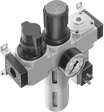 Festo 192452 service unit LFR-3/4-D-DI-MAXI-KF consisting of manual on/off valve, filter regulator, distributor module and pressure switch, without socket, with mounting brackets. With manual condensate drain. Size: Maxi, Series: D, Actuator lock: Rotary knob with loc Festo 192452 service unit LFR-3/4-D-DI-MAXI-KF consisting of manual on/off valve, filter regulator, distributor module and pressure switch, without socket, with mounting brackets. With manual condensate drain. Size: Maxi, Series: D, Actuator lock: Rotary knob with loc