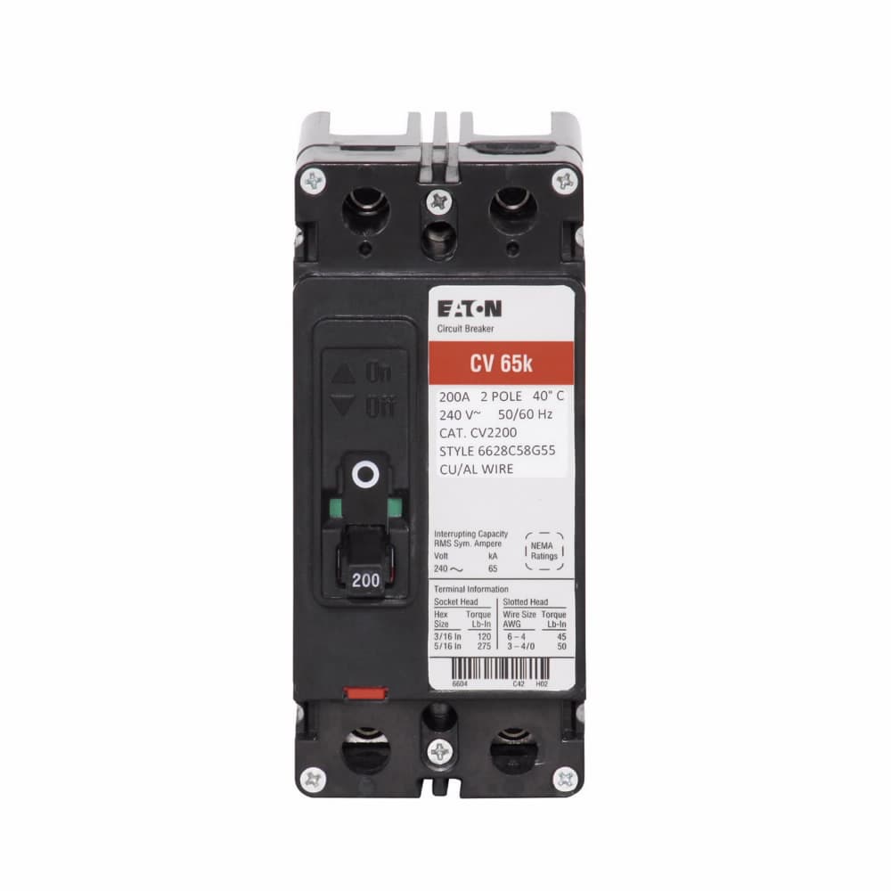 Eaton CVH2225XMM CVH2225XMM Eaton - Eaton Type CV Molded Case Circuit Breaker,Molded case circuit breaker,225 A,100 kAIC,Two-pole,#6 - 4/0 Al/Cu,CV,#4/0 kcmil maximum load,Includes mounting kit Eaton CVH2225XMM CVH2225XMM Eaton - Eaton Type CV Molded Case Circuit Breaker,Molded case circuit breaker,225 A,100 kAIC,Two-pole,#6 - 4/0 Al/Cu,CV,#4/0 kcmil maximum load,Includes mounting kit
