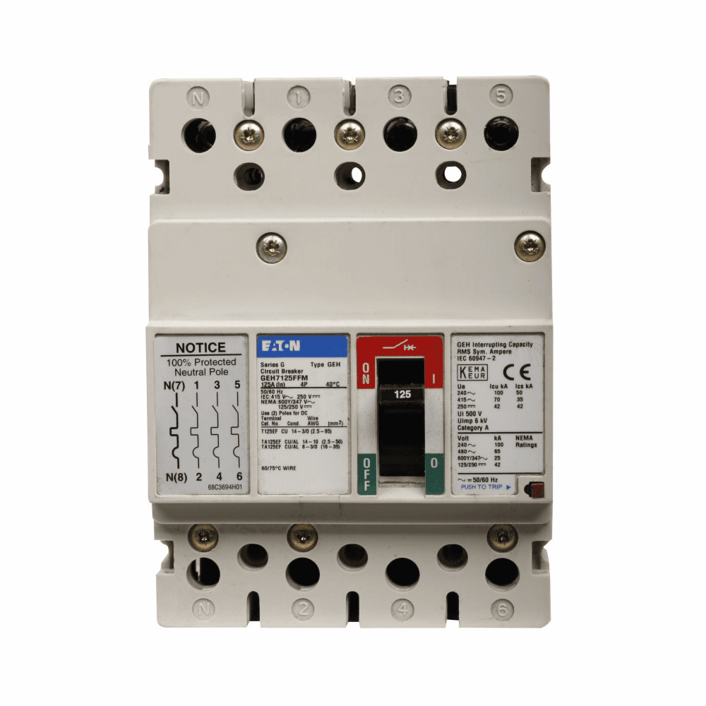 Eaton GEH7032AFM GEH7032AFM Eaton - Eaton Series G molded case circuit breaker, EG-frame, GE, Complete breaker, adj. therm., fixed mag. trip, Four-pole, 32A, 600Y/347 Vac, 100 kAIC at 240 Vac, 70 kAIC at 415 Vac, 65 kAIC at 480 Vac, 25 kAIC at 600Y/347 Vac, Line/load end caps Eaton GEH7032AFM GEH7032AFM Eaton - Eaton Series G molded case circuit breaker, EG-frame, GE, Complete breaker, adj. therm., fixed mag. trip, Four-pole, 32A, 600Y/347 Vac, 100 kAIC at 240 Vac, 70 kAIC at 415 Vac, 65 kAIC at 480 Vac, 25 kAIC at 600Y/347 Vac, Line/load end caps