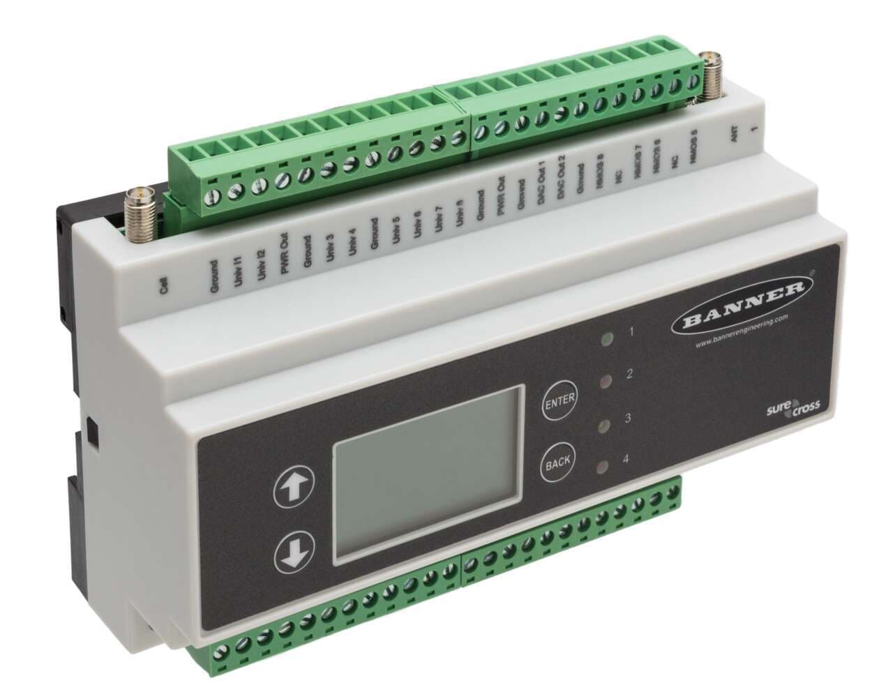 Banner DXM150-B1R3 DXM150 Controller; DX80 Performance Gateway 2.4 GHz 65 mW; Inputs: 2 Discrete, 8 Universal; Outputs: 2 Relay, 4 Discrete, 2 Analog; SAM4 Processor, LCD Display; RS485, Ethernet, USB, CAN, RS232, Solar/Battery Controller Banner DXM150-B1R3 DXM150 Controller; DX80 Performance Gateway 2.4 GHz 65 mW; Inputs: 2 Discrete, 8 Universal; Outputs: 2 Relay, 4 Discrete, 2 Analog; SAM4 Processor, LCD Display; RS485, Ethernet, USB, CAN, RS232, Solar/Battery Controller