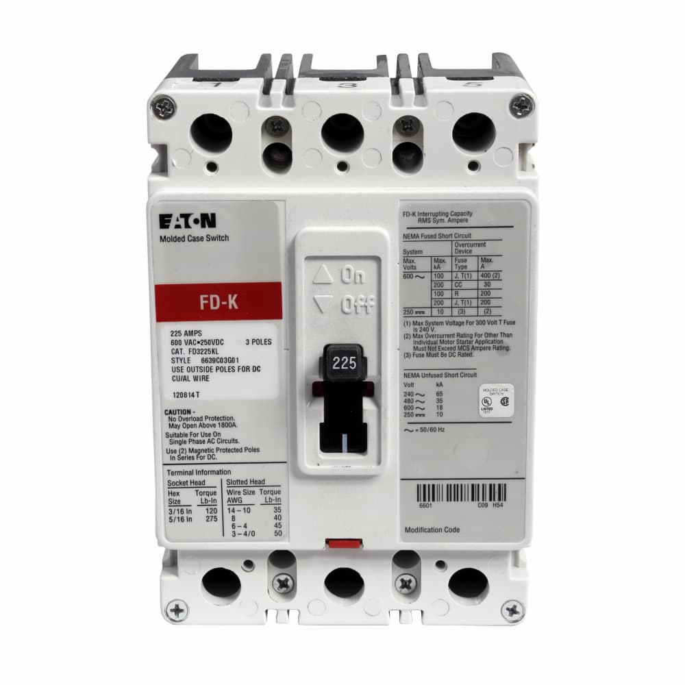 Eaton FD3225LS09 FD3225LS09 Eaton - Eaton Series C complete molded case circuit breaker, F-frame, FD, Fixed thermal and magnetic trips, Three-pole, 225A, 600 Vac, 250 Vdc, 65 kAIC at 240 Vac, 35 kAIC at 480 Vac, Line/load, 208-380 Vac or 110-127 Vdc same side w/ left pigtail Eaton FD3225LS09 FD3225LS09 Eaton - Eaton Series C complete molded case circuit breaker, F-frame, FD, Fixed thermal and magnetic trips, Three-pole, 225A, 600 Vac, 250 Vdc, 65 kAIC at 240 Vac, 35 kAIC at 480 Vac, Line/load, 208-380 Vac or 110-127 Vdc same side w/ left pigtail