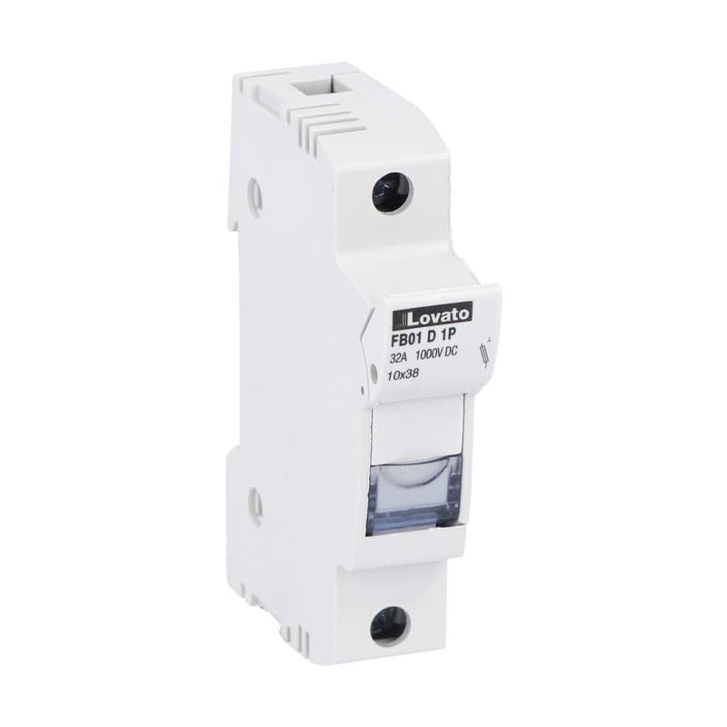 Lovato Electric FB01D1P FB01D1P Lovato - Fuse holder UL certified for photovoltaic applications, for 10X38mm fuses. 32A rated current at 1000VDC, 1P. Without status indicator. 1 module Lovato Electric FB01D1P FB01D1P Lovato - Fuse holder UL certified for photovoltaic applications, for 10X38mm fuses. 32A rated current at 1000VDC, 1P. Without status indicator. 1 module