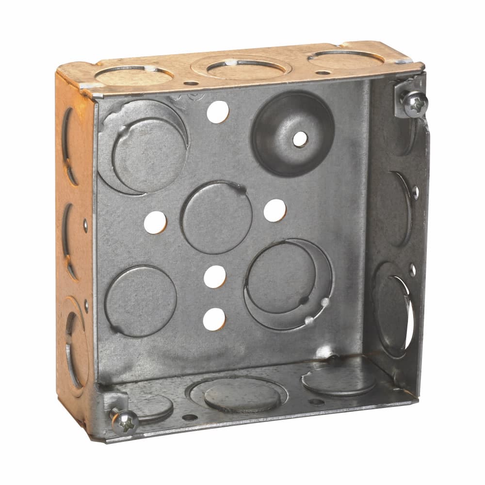 Eaton TP403G Eaton Crouse-Hinds series Square Outlet Box, (2) 1/2", (2) 1/2", (1) 3/4" E, 4", Conduit (no clamps), Welded, 2-1/8", Steel, (8) 1/2",(4) 1/2", (1) 3/4" E, Ground screw installed, 30.3 cubic inch capacity Eaton TP403G Eaton Crouse-Hinds series Square Outlet Box, (2) 1/2", (2) 1/2", (1) 3/4" E, 4", Conduit (no clamps), Welded, 2-1/8", Steel, (8) 1/2",(4) 1/2", (1) 3/4" E, Ground screw installed, 30.3 cubic inch capacity