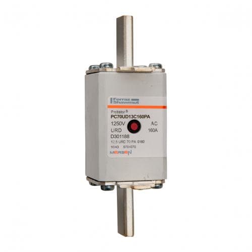 Mersen D301188 D301188 Mersen - Square Body High-Speed Fuse Protistor® Size 70 aR 1250VAC IEC 1300VAC UL 160A Striker Plain Blades Mersen D301188 D301188 Mersen - Square Body High-Speed Fuse Protistor® Size 70 aR 1250VAC IEC 1300VAC UL 160A Striker Plain Blades