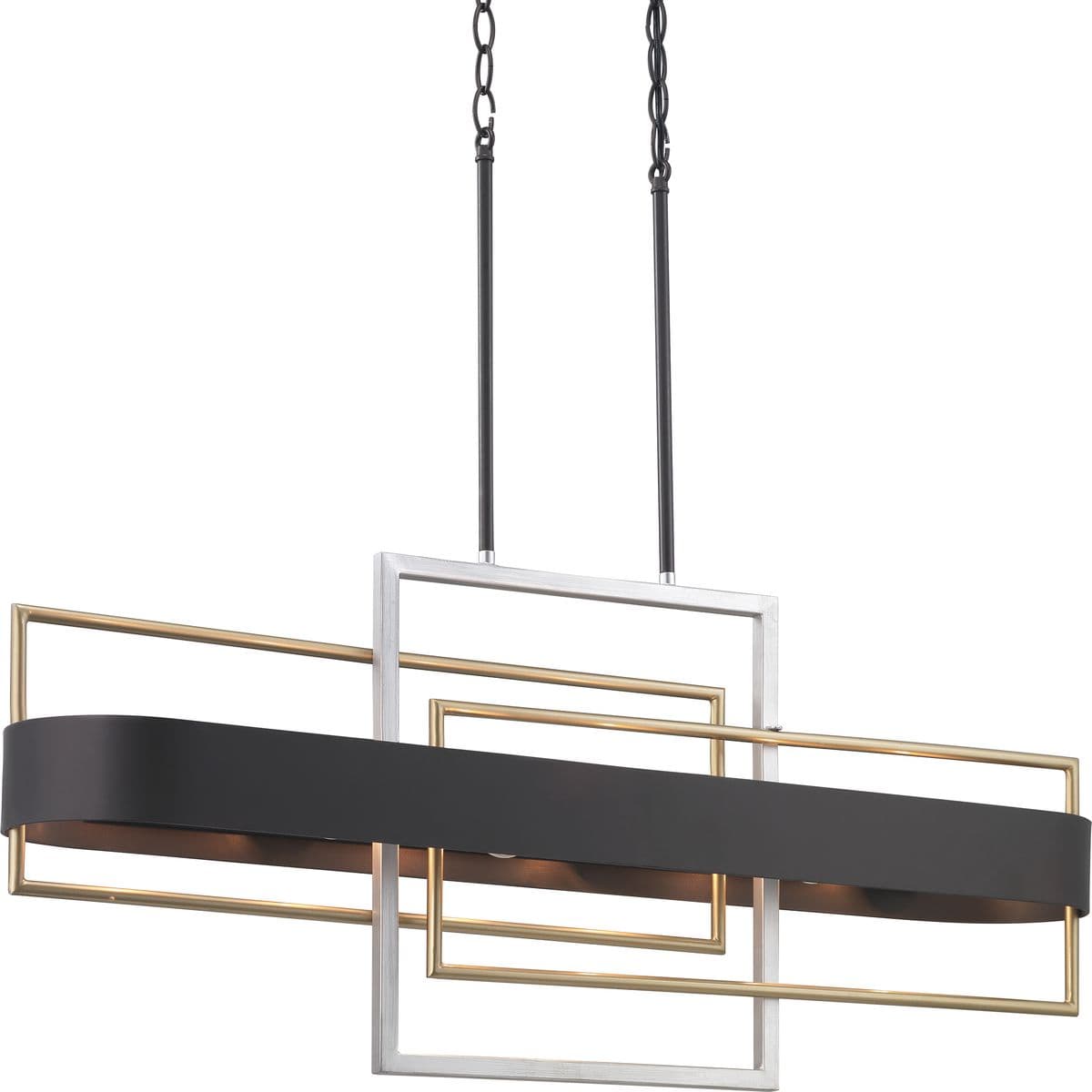Hubbell P400170-031 An array of geometric patterns in Adagio six-light linear chandelier is a nod to the musical description of a tender and melodic tone. The modern design features lights that are distributed around a circular Black band. Mixed metal elements, which are pre Hubbell P400170-031 An array of geometric patterns in Adagio six-light linear chandelier is a nod to the musical description of a tender and melodic tone. The modern design features lights that are distributed around a circular Black band. Mixed metal elements, which are pre