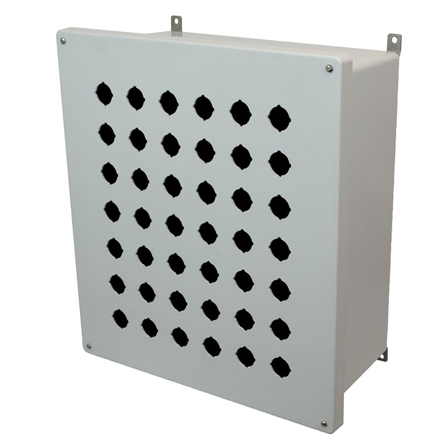 Allied Moulded Products AM1868P42 18"x16"x8" AM Series fiberglass wall mount enclosure assembly with 4-screw lift-off cover and 42 pushbutton holes Allied Moulded Products AM1868P42 18"x16"x8" AM Series fiberglass wall mount enclosure assembly with 4-screw lift-off cover and 42 pushbutton holes